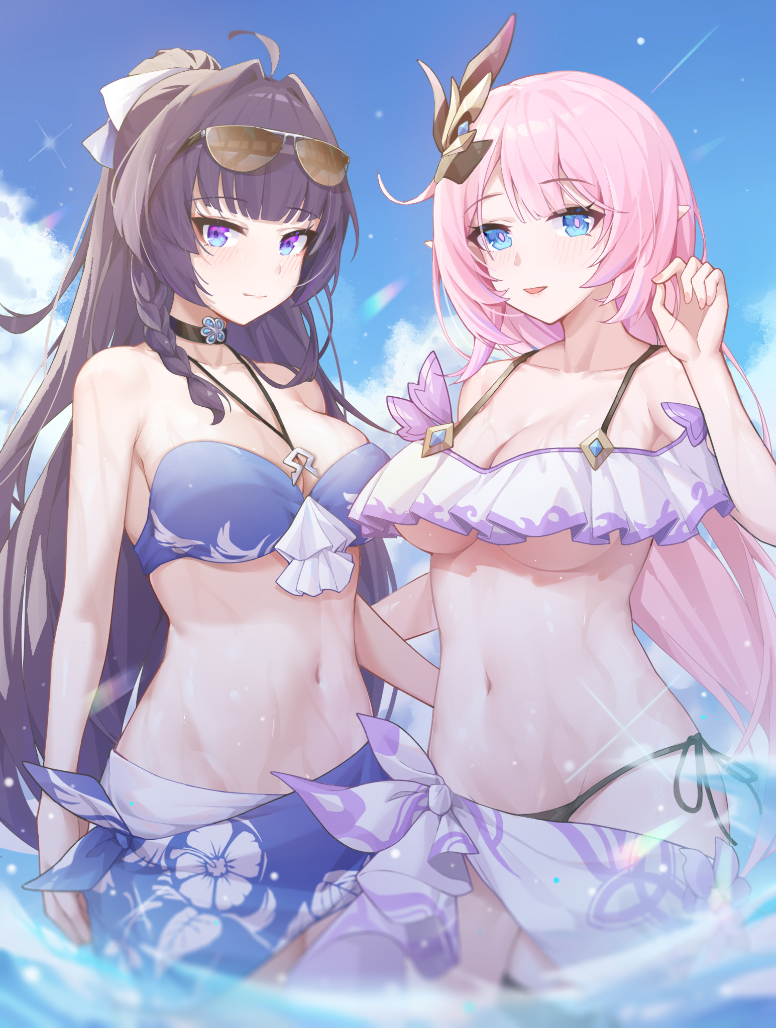 2girls, big breasts, bikini, blue eyes, blush, breasts, choker, elysia (honkai impact), female, honkai impact, honkai impact 3rd, midriff, multiple females, multiple girls, navel, pink hair, pointy ears, purple eyes, purple hair, raiden mei, swimsuit, thick thighs, thighs, wet, wood cube