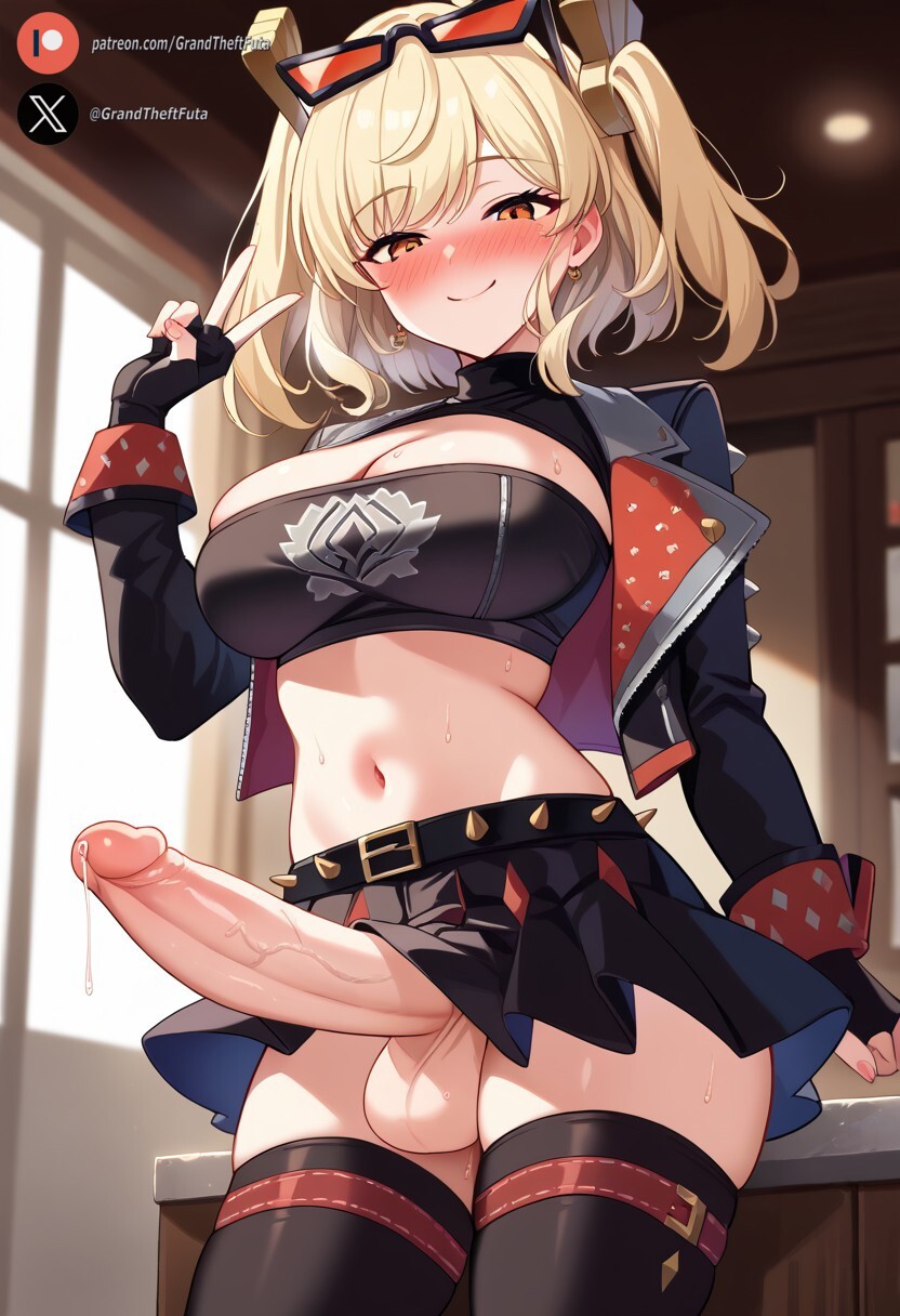 1futa, ai generated, balls, big breasts, big penis, blonde hair, blush, breasts, burnice white, clothing, cock, dickgirl, erection, foreskin, futa only, futanari, hoyoverse, huge cock, indoors, intersex, large breasts, light skin, light-skinned futa, looking at viewer, orange eyes, penis, precum, roxygtf, short hair, smug, solo, standing, twintails, uncircumcised, zenless zone zero