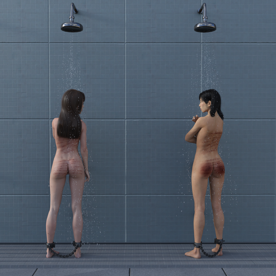 2girls 3d bruised_ass completely_nude completely_nude_female fantasytubasa nude nude_female original shackled_ankles shackles shower whip_marks