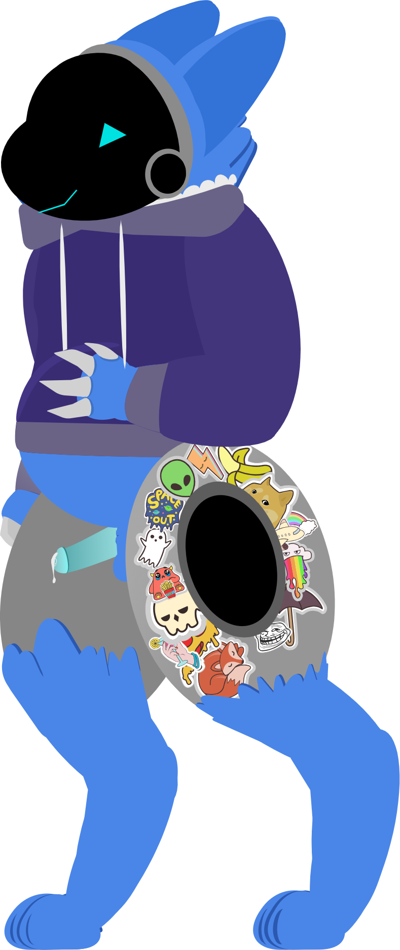 alpha_channel anthro balls blue_body blue_fur blue_penis bodily_fluids bottomless clothed clothing dripping fur genital_fluids genitals hi_res hoodie hoodie_only machine male penis precum precum_drip pregnant pregnant_male protogen solo stickerboard_(tf2_demo_2004) stickers_on_body tf2_demo_2004 topwear topwear_only