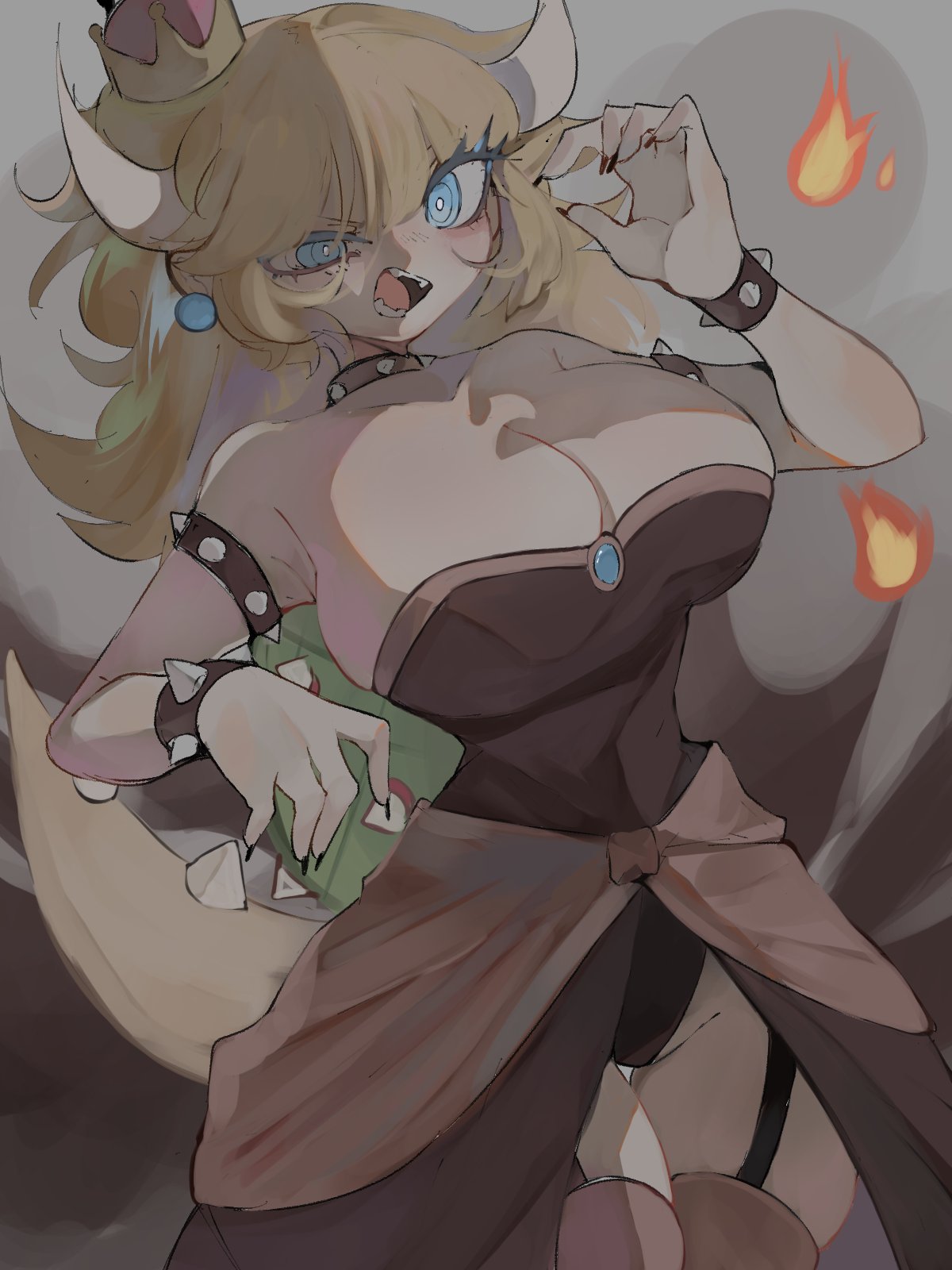 1girls angry big_breasts black_legwear blonde_hair blue_eyes bowsette cameltoe collar elf_ears female fully_clothed horns hoshoidk large_ass large_breasts legs long_hair looking_at_viewer looking_down mario_(series) nintendo revealing_clothes sharp_teeth simple_background stockings super_mario_bros. super_mario_world thick_thighs tight_clothing