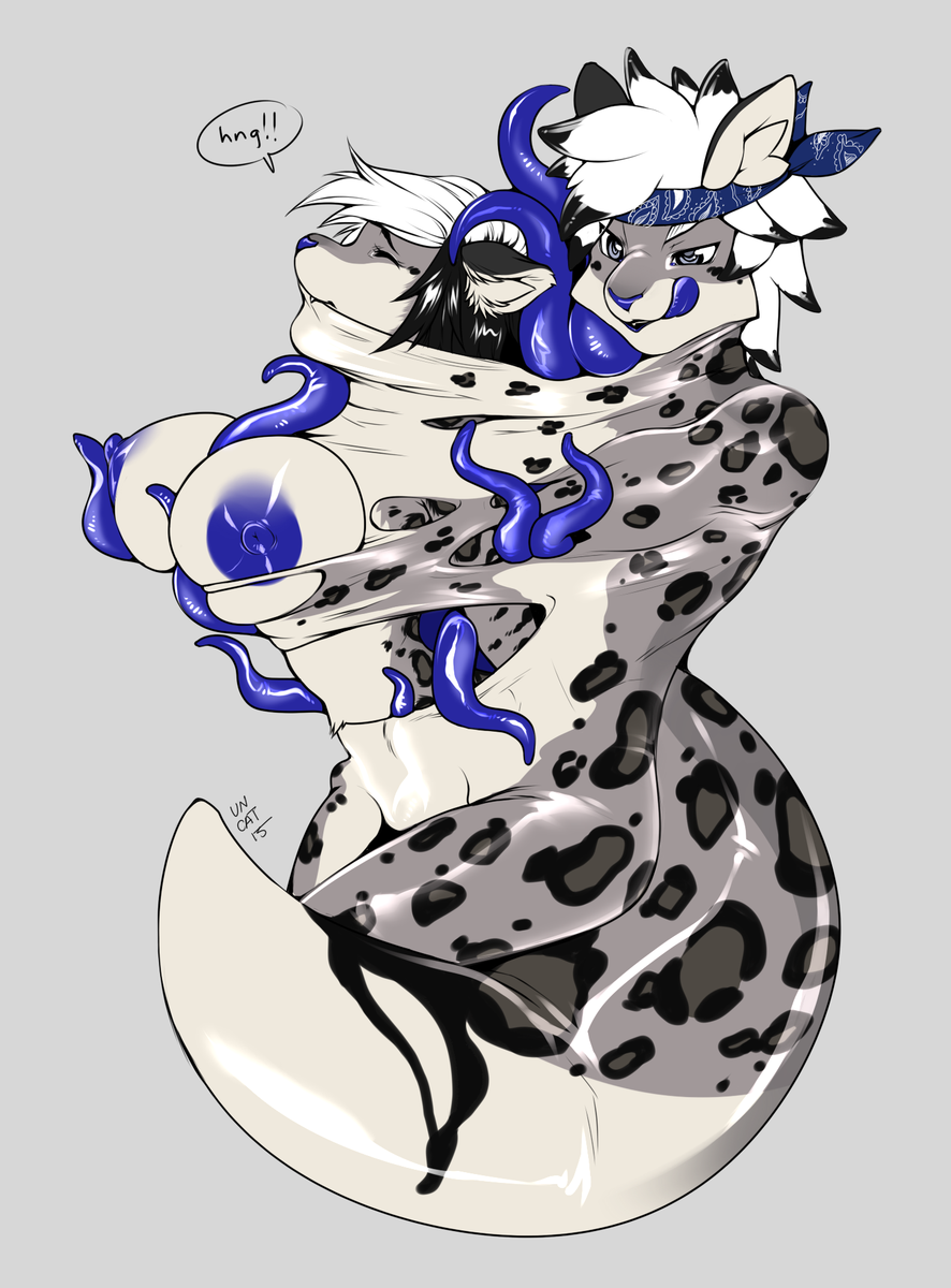 ambiguous_gender anthro areola blue_areola duo felid female hi_res jackson77 living_clothing mammal pantherine simple_background snow_leopard suit_transformation symbiote tentacle transformation unregisteredcat