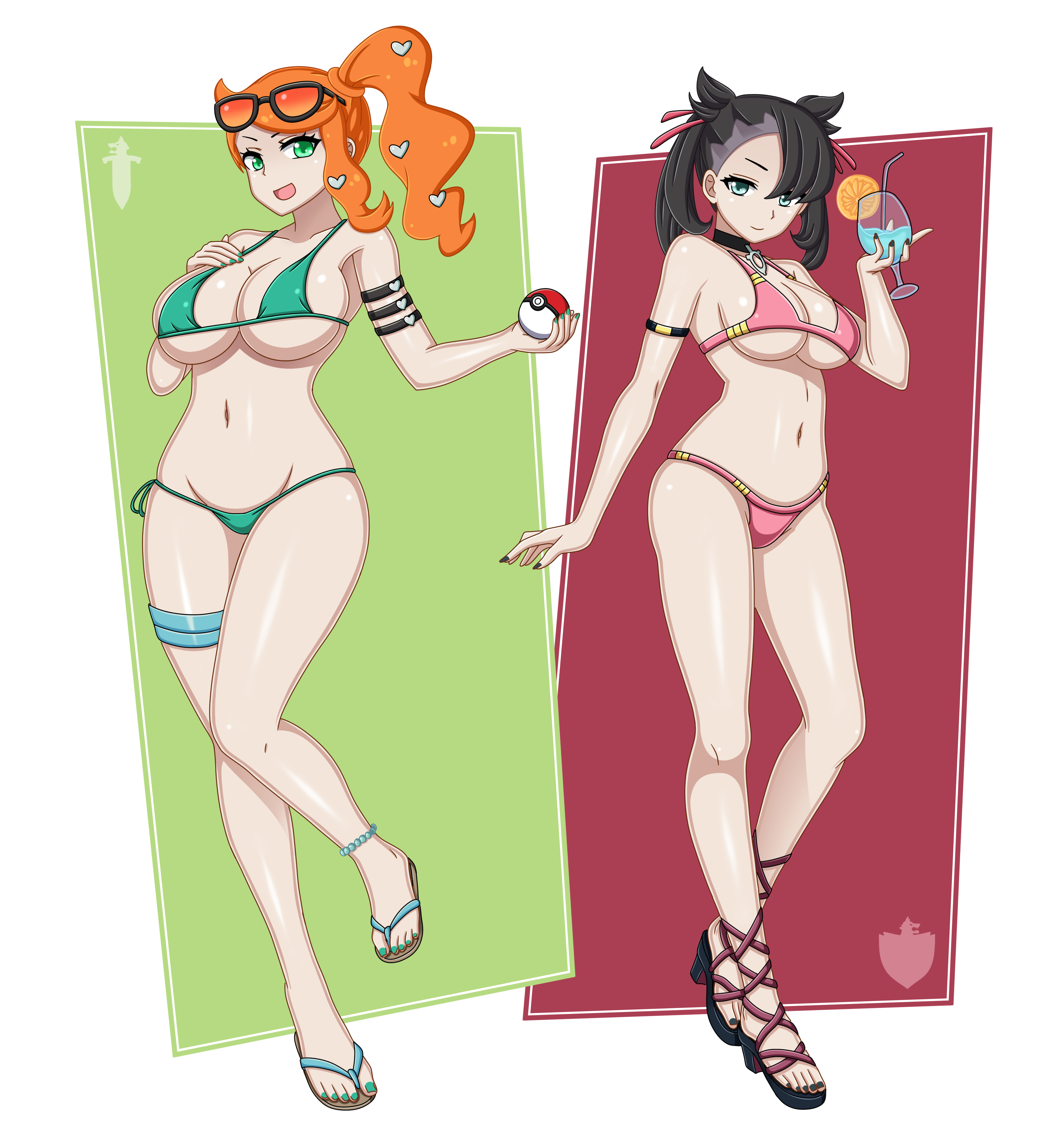 2girls, alternate breast size, big breasts, bikini, black hair, blue eyes, breasts, coresix, female, female only, green eyes, hair ribbon, light skin, light-skinned female, long hair, marnie (pokemon), micro bikini, nintendo, orange hair, pale skin, pale-skinned female, pokeball, pokemon, pokemon ss, side ponytail, sonia (pokemon), sunglasses, sunglasses on head, thick thighs, thighs, thong, twintails