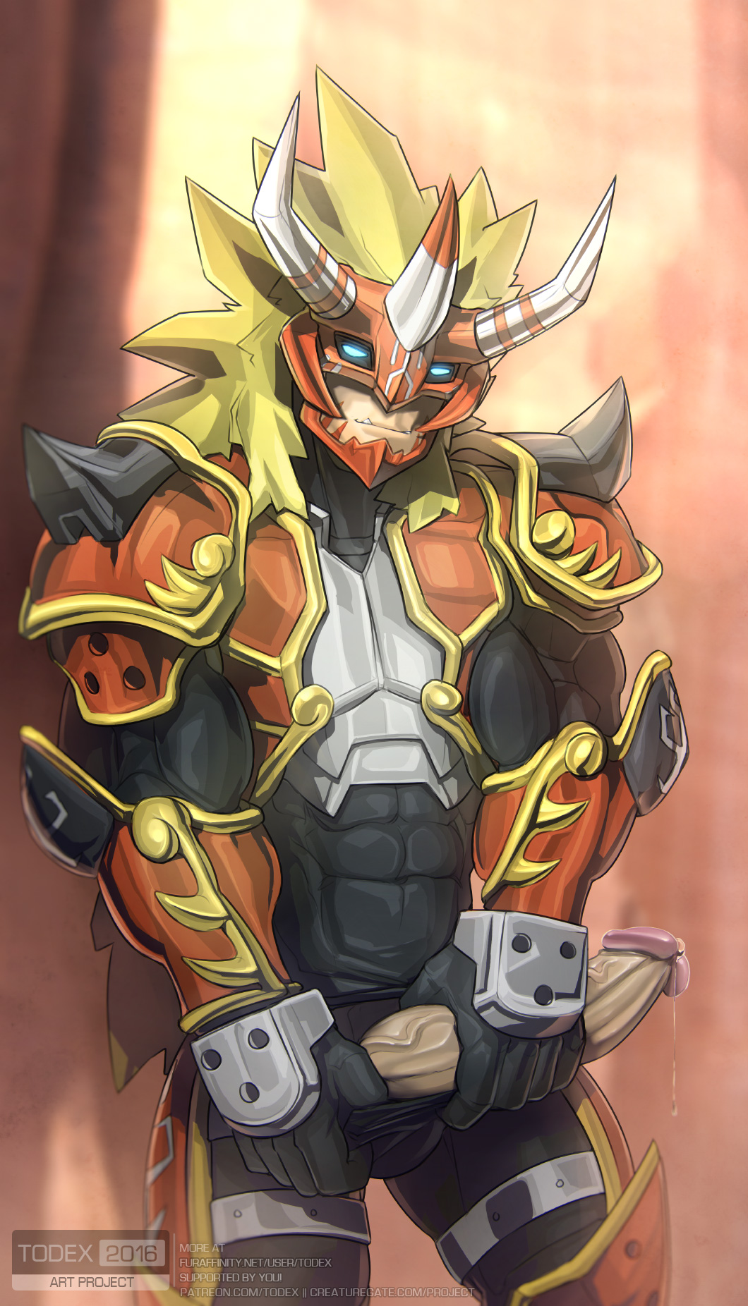 1boy 2016 abs agunimon armor big_penis blue_eyes bodily_fluids clothed clothing digimon digimon_(species) erection genital_fluids genitals glowing glowing_eyes hi_res humanoid humanoid_genitalia humanoid_penis looking_at_viewer male male_only muscular muscular_humanoid muscular_male penis precum presenting solo todex vein veiny_penis watermark