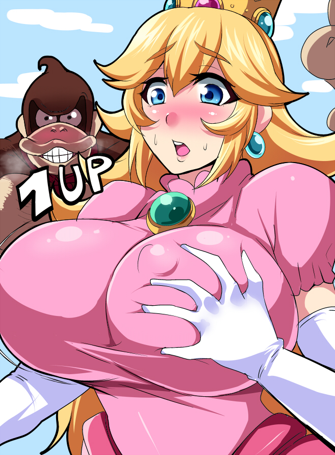 1girls 1up big_breasts blonde_hair blue_eyes blush clothed_female donkey_kong donkey_kong_(series) female female_focus female_only mario_(series) nintendo nipples nipples_visible_through_clothing nishida_megane princess_peach solo solo_female solo_focus super_mario_bros.