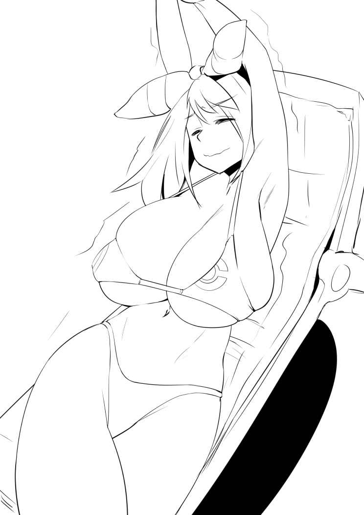 1girls, 47k, alternate breast size, armpits, arms up, big breasts, bikini, bow, breasts, chair, closed eyes, female, female only, hairband, hairbow, huge breasts, lounge chair, may (pokemon oras), may (pokemon), monochrome, nintendo, pokemon, pokemon oras, short hair, sitting, smile, solo, solo female, swimsuit