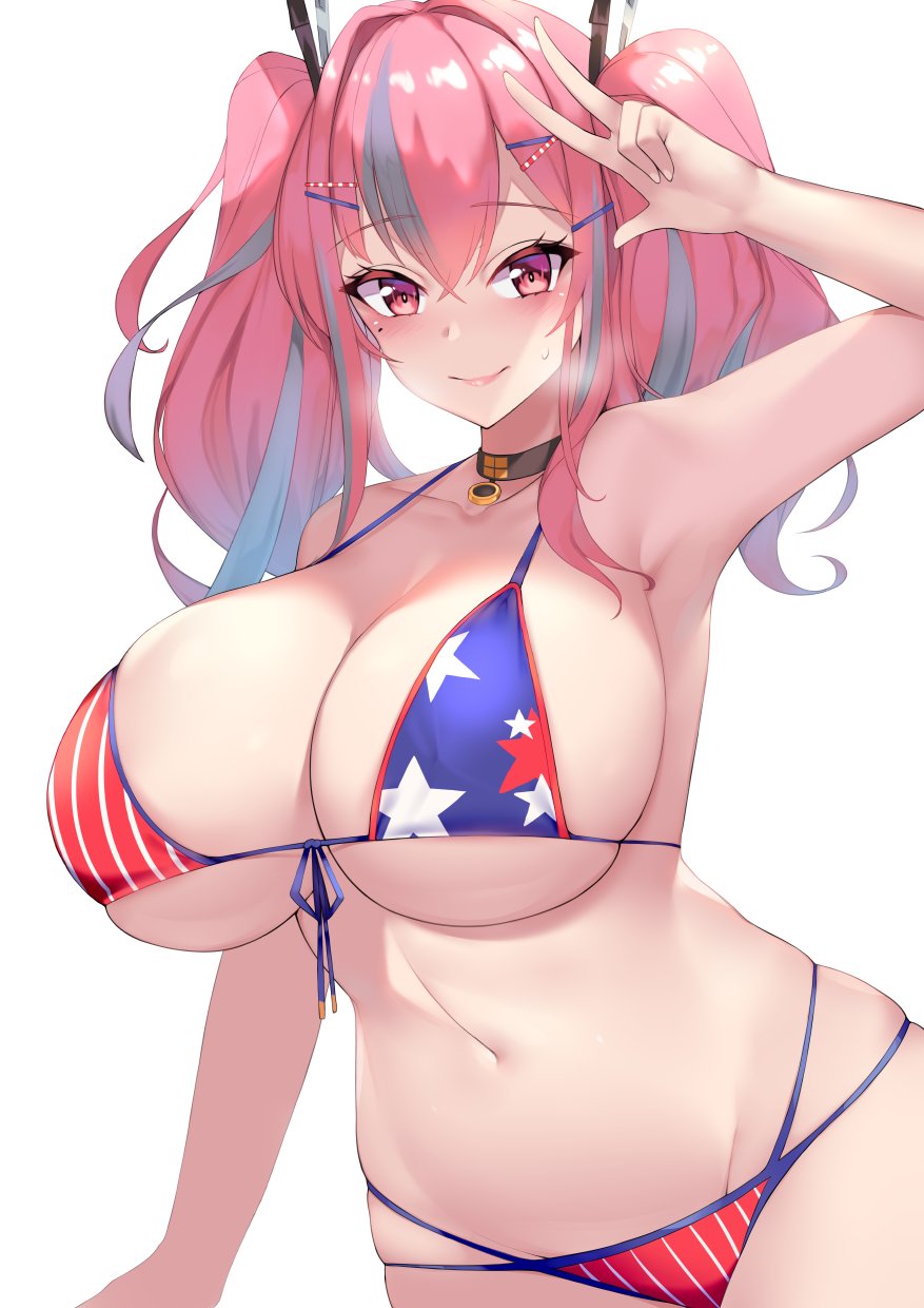 1girls, american flag, american flag bikini, armpits, azur lane, belly button, big breasts, blush, breasts, bremerton (azur lane), collar, cute, dyed hair, female, huge breasts, kuavera, pigtails, smile, steam, swimsuit, thin waist, violet eyes, white background