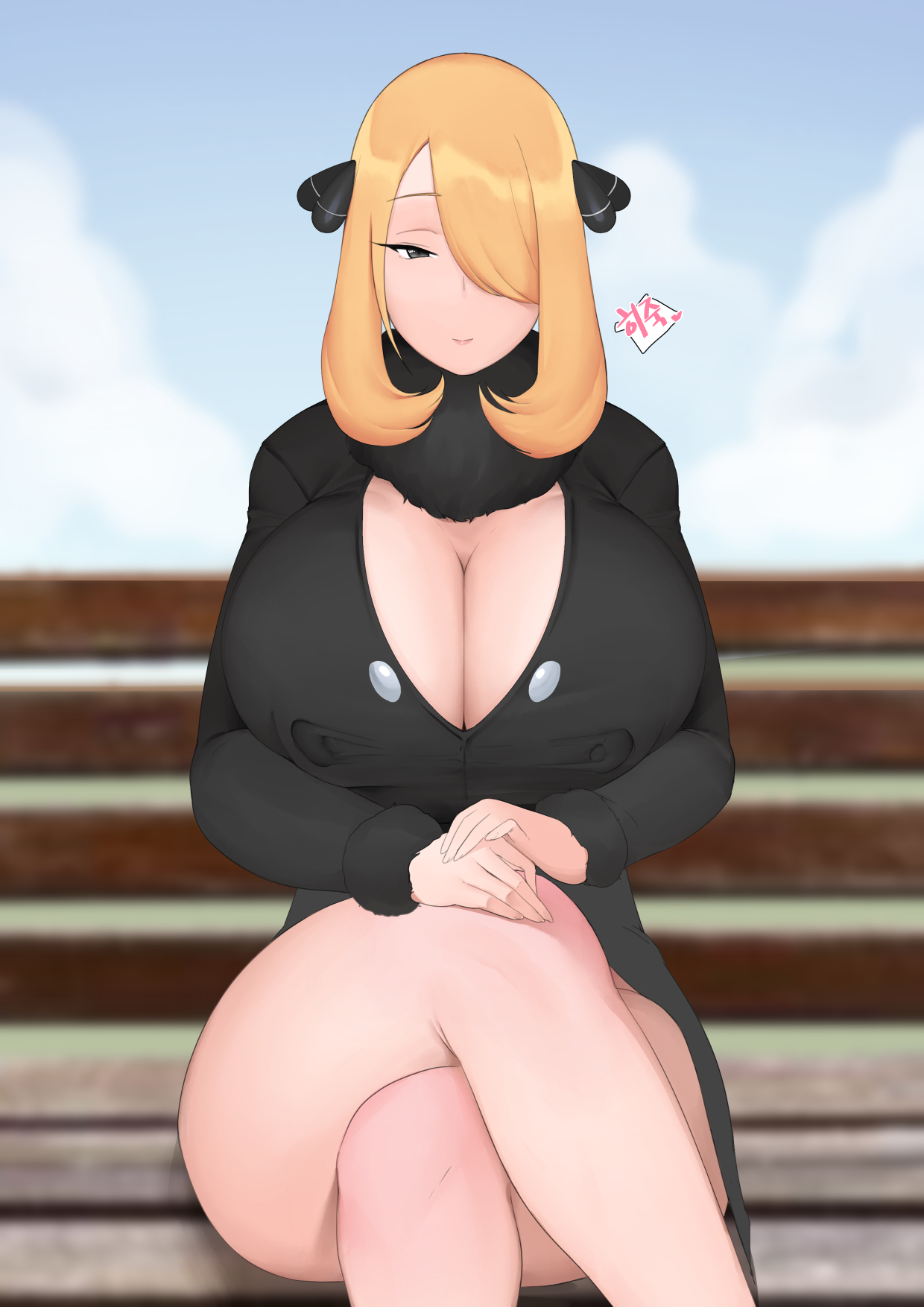 bench, blonde hair, breasts, cynthia (pokemon), female, fully clothed, hair over one eye, large breasts, legs crossed, looking at viewer, moebell, nipples visible through clothing, no panties, outdoors, pokemon, smile, thick thighs