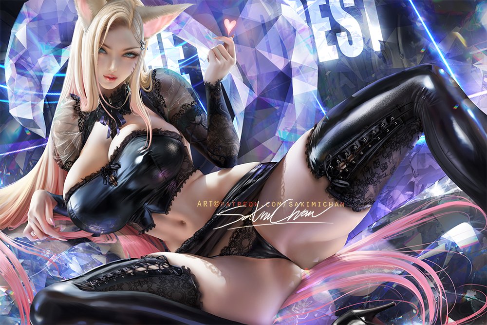 1girls, ahri, alternate costume, big breasts, breasts, cleavage, female, female only, k/da ahri, k/da series, large breasts, league of legends, looking at viewer, panties, sakimichan, solo, spread legs, thighhighs
