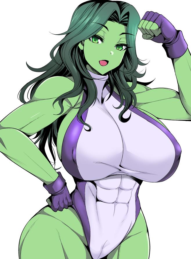 1girls, abs, avengers, big breasts, breasts, cameltoe, clothed female, female, female only, fingerless gloves, flexing bicep, gloves, green eyes, green skin, hips, hourglass figure, huge breasts, hulk (series), large breasts, leotard, long hair, marvel, marvel comics, muscular, muscular female, nipple bulge, nishida megane, pussy, she-hulk, slim waist, solo, solo female, superheroine, voluptuous, voluptuous female, wide hips