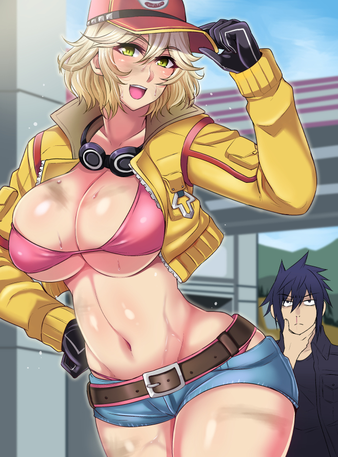 1boy, 1girls, big breasts, black gloves, blonde hair, breasts, cindy aurum, clothed female, female, final fantasy, final fantasy xv, gloves, male, mechanic, nishida megane, noctis lucis caelum, nosebleed, short hair, solo female, square enix, straight