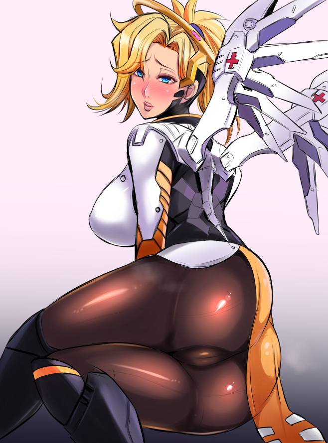 1girls, ass, big ass, big breasts, blush, breasts, clothed female, female, female focus, female only, long hair, mercy, nishida megane, overwatch, skin tight, solo, solo female, solo focus