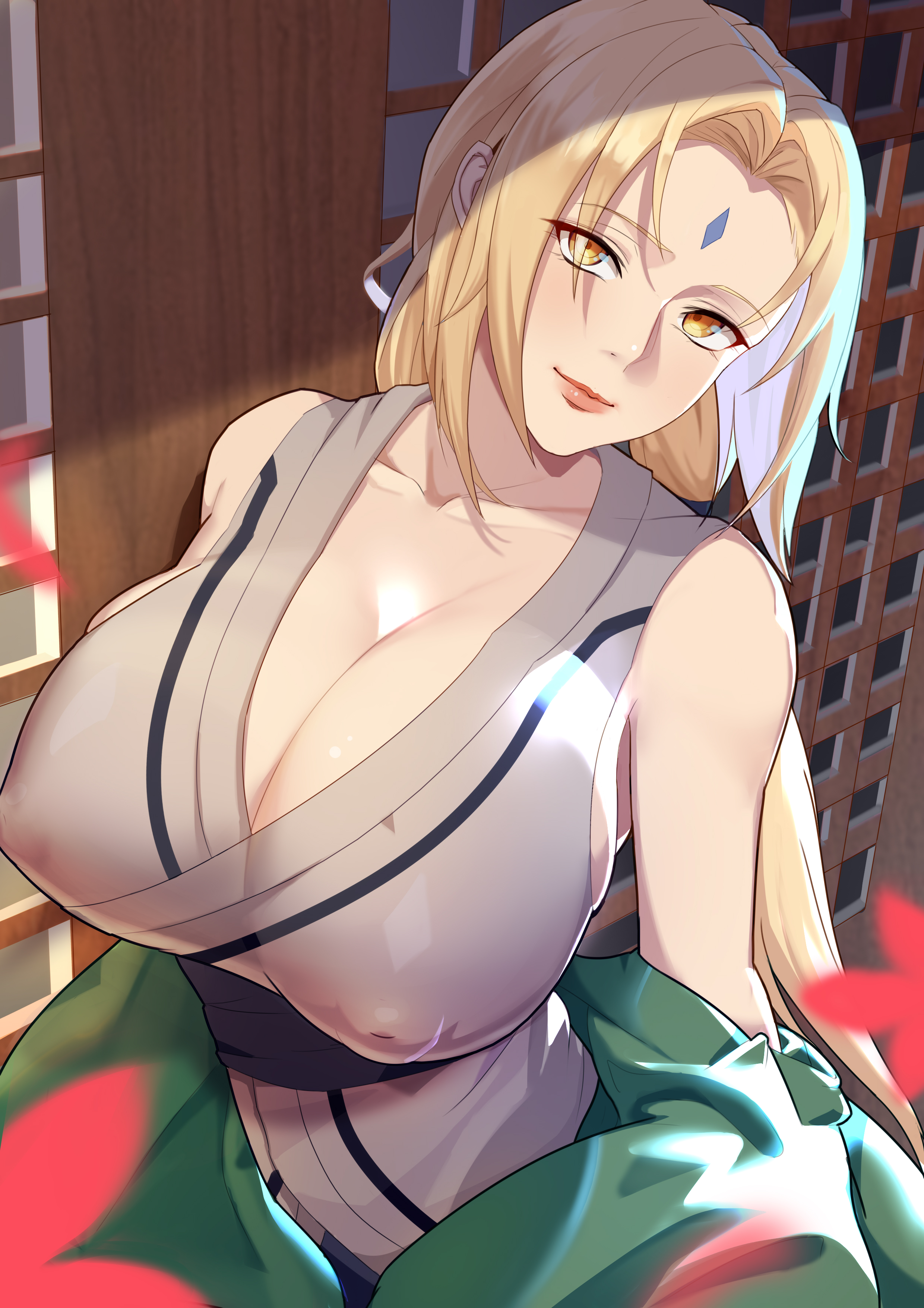 1girls, bare shoulders, big breasts, blonde hair, blush, breasts, cleavage, clothed female, clothing, erect nipples, erect nipples under clothes, facial mark, female, female only, forehead mark, guudong guudong, haori, huge breasts, kimono, large breasts, long hair, looking at viewer, naruto, naruto (series), naruto shippuden, nipples, puffy nipples, sash, short kimono, sleeveless, smile, solo, tied hair, tsunade, upper body out of frame