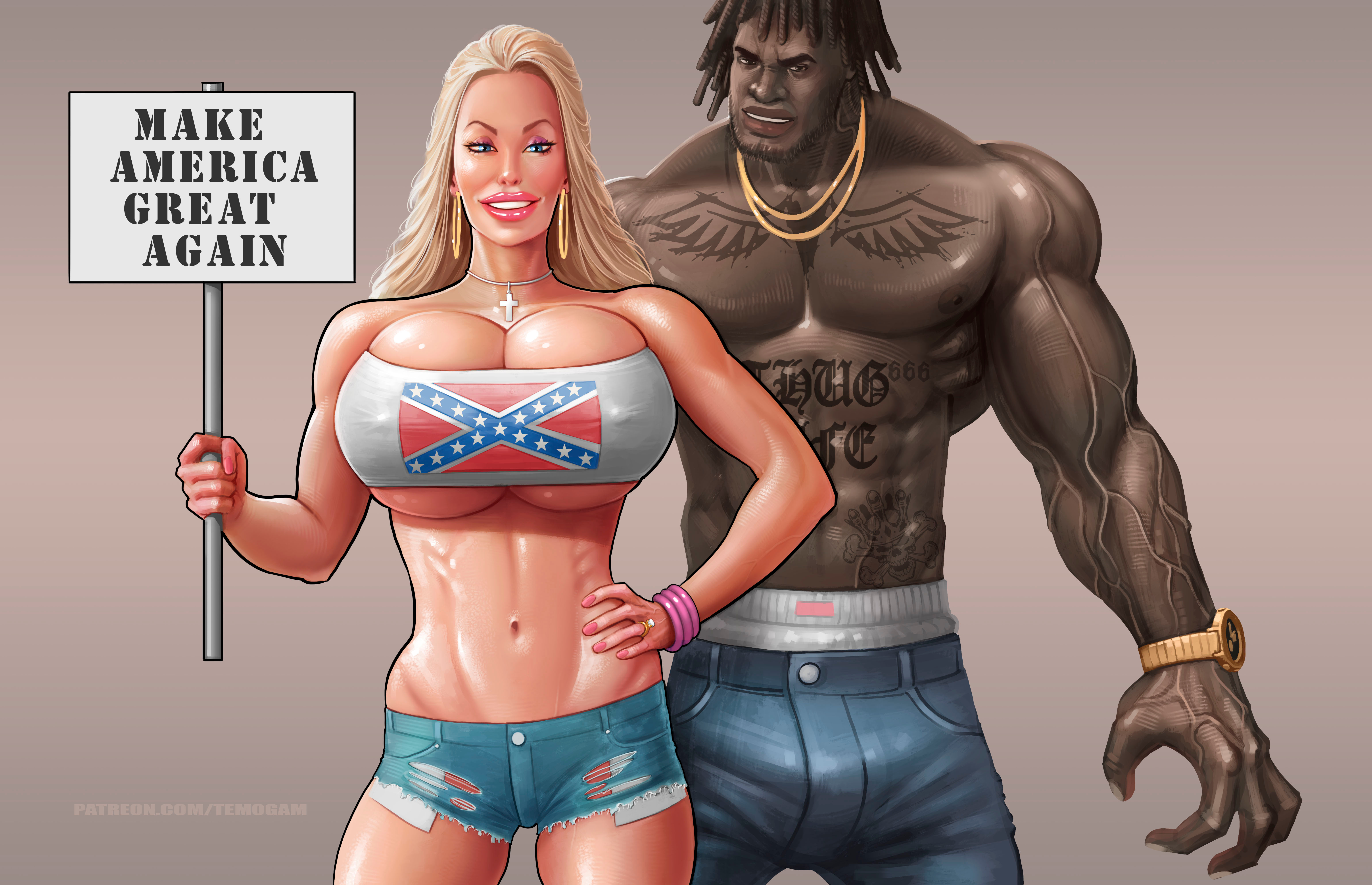 1boy, 2020, bimbo, blonde hair, breasts, bulge, confederate flag, confederate flag shirt, confederate flag t-shirt, coxville stories, cross necklace, crucifix, dark skin, dark-skinned male, earrings, female, hands on hips, holding object, hoop earrings, huge breasts, imminent sex, interracial, jenny summers, large breasts, large lips, light skin, light-skinned female, lipstick, long hair, looking at viewer, maga, make america great again, makeup, male, milf, nail polish, nipples visible through clothing, no bra, no panties, politics, raceplay, racism, racist, sexually suggestive, shirtless, simple background, size difference, smile, temogam, wedding ring