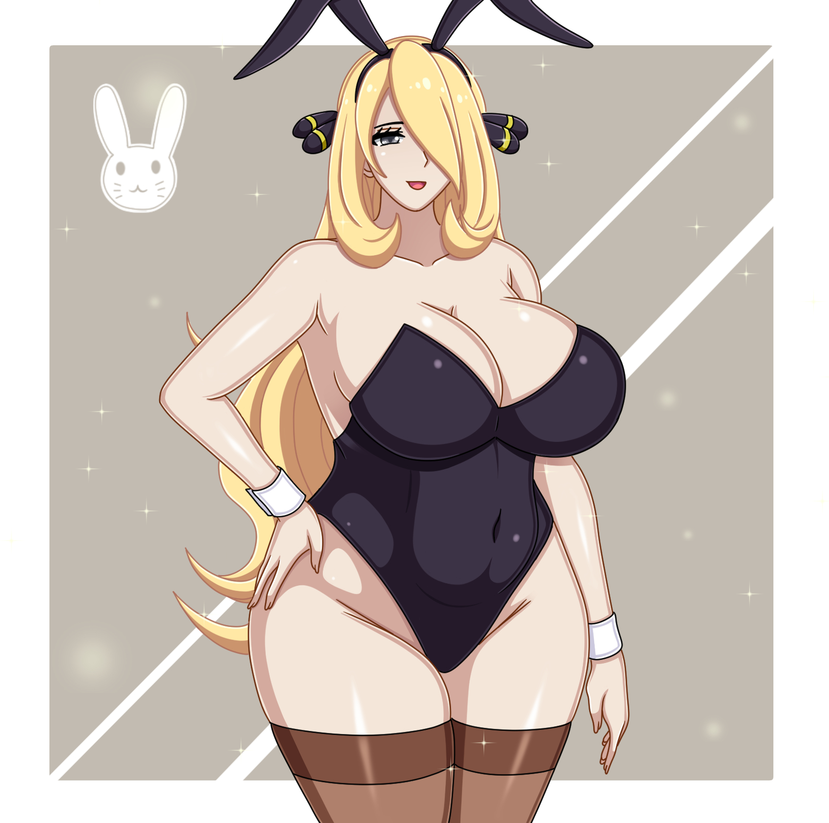 1girls, big breasts, blonde, blonde hair, breasts, bunny costume, bunny ears, bunny girl, bunnysuit, coresix, cynthia (pokemon), female, grey eyes, hair ornament, half-closed eyes, huge breasts, huge thighs, large breasts, light skin, light-skinned female, long hair, mature female, nintendo, pale skin, pale-skinned female, pokemon, pokemon dppt, solo, solo female, standing, thick thighs, thighhighs, wide hips