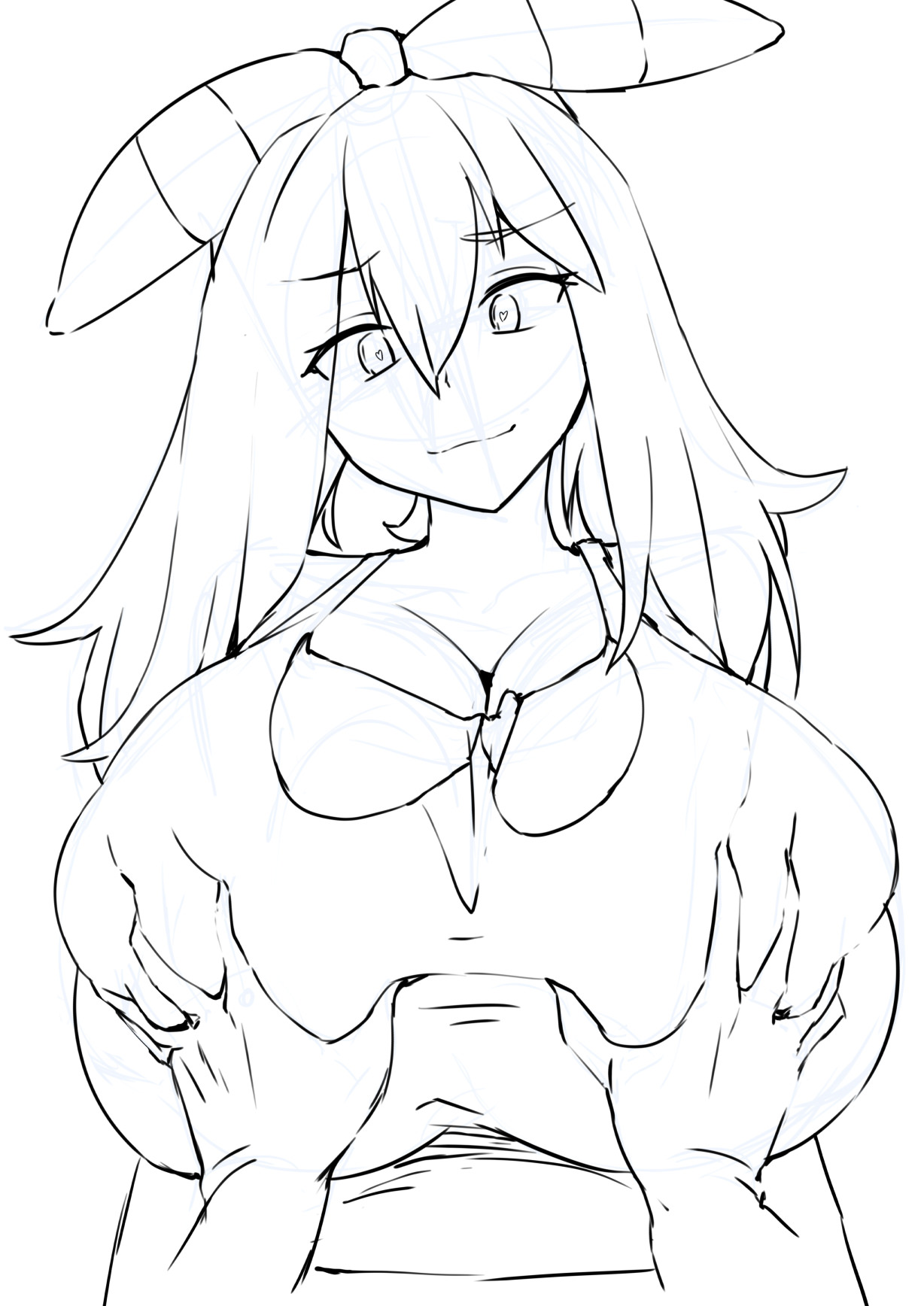 1girls, 47k, alternate breast size, big breasts, bow, breast grab, breasts, cleavage, disembodied hands, eye contact, eyebrows visible through hair, female, grope, groping, hairband, hairbow, heart, heart-shaped pupils, huge breasts, looking at viewer, may (pokemon oras), may (pokemon), monochrome, nintendo, pokemon, pokemon oras, pov hands, short hair, sketch, smile