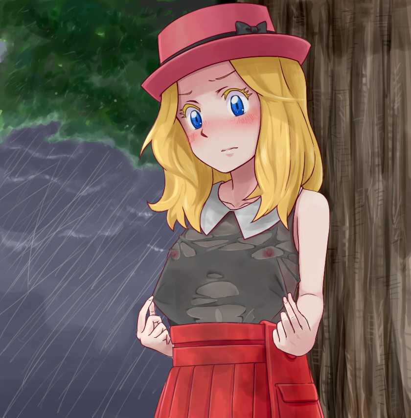 betuni blonde_hair blue_eyes blush embarrassed eyelashes female fully_clothed hat long_hair no_bra pokemon pokemon_xy rain see-through see-through_silhouette serena_(pokemon) shirt_pull skirt small_breasts solo tree wet wet_shirt