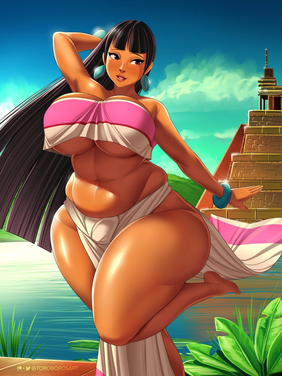 1girls, big breasts, blush, breasts, chel, chubby, cleavage, dark skin, dark-skinned female, female, female only, huge breasts, large breasts, solo, the road to el dorado, thick thighs, toroboro, venus body, wide hips