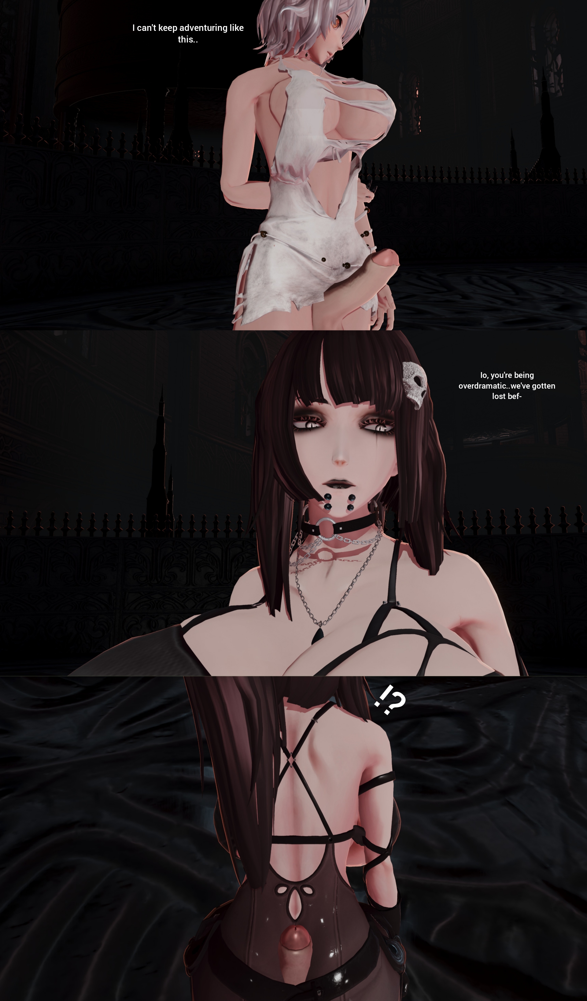 2girls, ass, assjob, black hair, buttjob, choker, code vein, covered assjob, covered buttjob, dialogue, female, futanari, goth, huge ass, huge cock, indoors, intersex, io (code vein), makeup, original character, penis, piercing, rape, revealing clothes, screencap, tight clothing, white hair