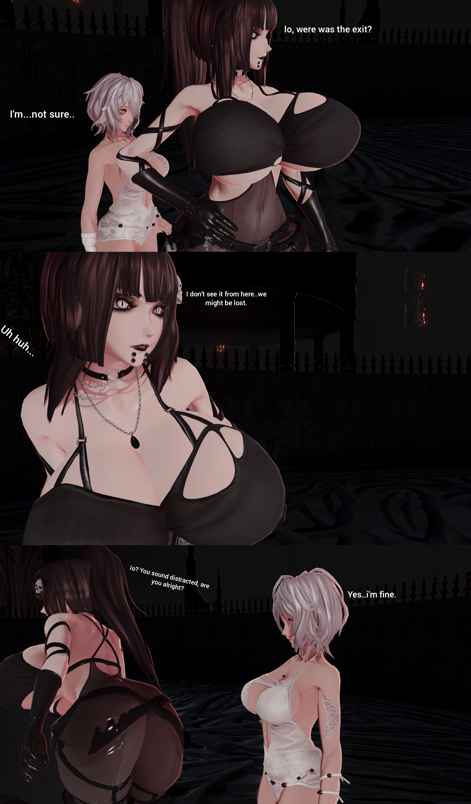 2girls, 3d, ass, big breasts, black hair, breasts, choker, cleavage, code vein, comic, dialogue, female, goth, huge ass, huge breasts, indoors, io (code vein), makeup, original character, pale skin, piercing, revealing clothes, screencap, tight clothing, white eyes, white hair