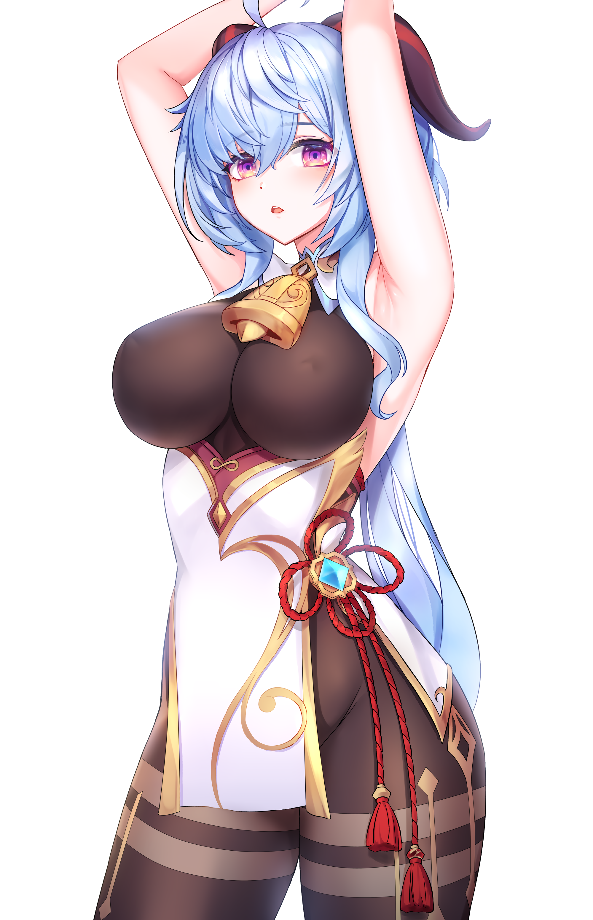 1girls, armpits, arms up, bell, big breasts, bindong, blue hair, bodysuit, breasts, curvy, female, female only, ganyu (genshin impact), genshin impact, horns, large breasts, long hair, nipple bulge, purple eyes, solo, solo female, thick, thick thighs, tight clothing, voluptuous