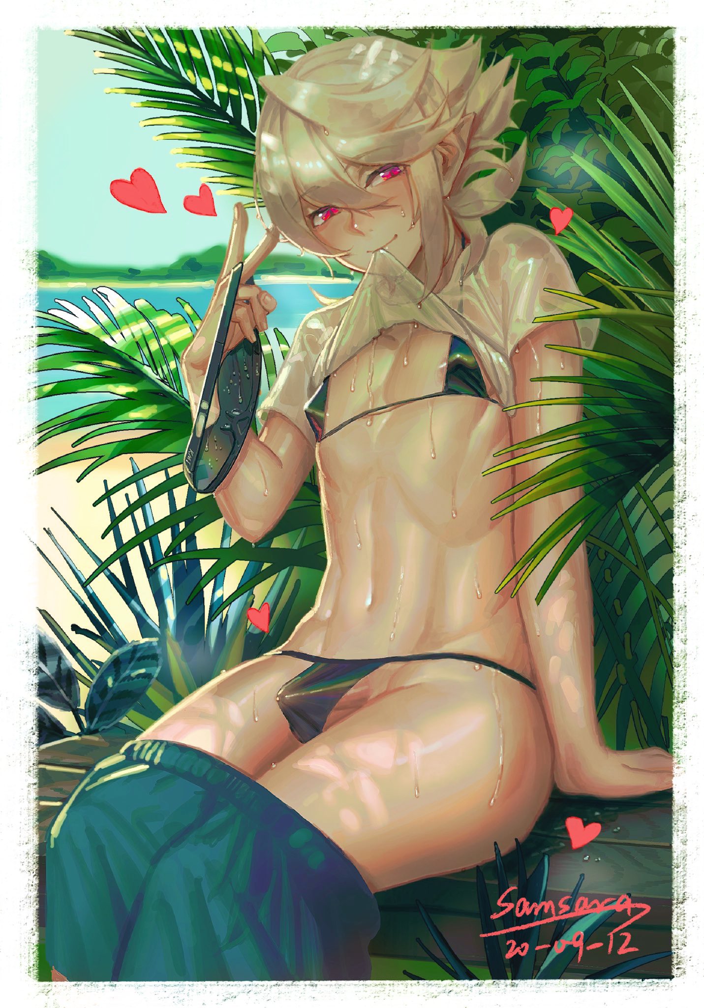 1boy, abs, androgynous, ass, bikini, corrin (fire emblem), corrin (fire emblem) (male), crossdressing, cute male, erection, femboy, fire emblem, fire emblem fates, girly, male, male only, nintendo, pants down, peace sign, samsara, samsara (shuukeura), see-through, see-through clothing, shirt in mouth, shirt lift, shorts, solo, t-shirt, trap, v, wet, wet body, wet clothes