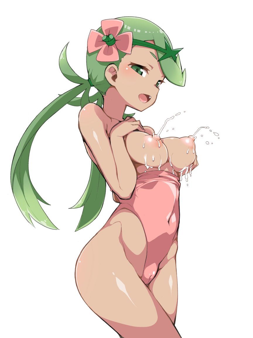 1girls bad_id bangs bare_shoulders blush breasts breasts_out covered_navel dark_skin eyebrows_visible_through_hair female flower green_eyes green_hair hair_flower hair_ornament lactating lactation long_hair long_twintails looking_at_viewer mallow_(pokemon) medium_breasts nintendo nipples one-piece_swimsuit open_mouth pink_swimsuit pokemon pokemon_sm puffy_nipples simple_background solo swimsuit teeth thighs trial_captain twintails white_background zootan