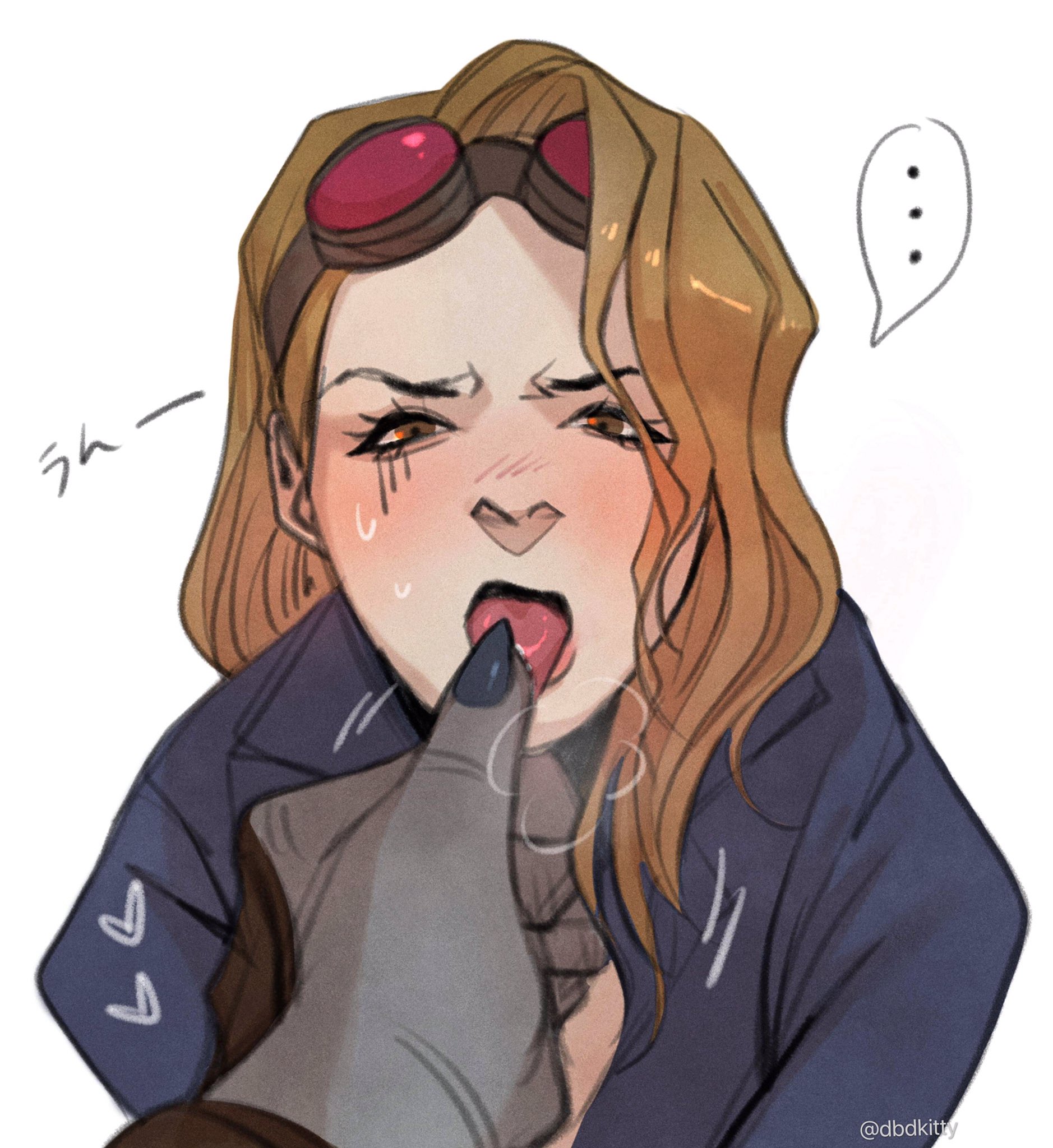 1boy, 1girls, 2020, 2d, arousal, aroused, blue jacket, blush, blushing, blushing at viewer, brown eyes, brown hair, brunette, dbd, dbdkitty, dead by daylight, drawn, female, gasp, gasping, goggles, goggles on forehead, goggles on head, hair over face, jacket, japanese text, kazan yamaoka, kittyplsaaa, licking, licking finger, licking fingers, light skin, light-skinned female, long hair, makeup, male, male on female, mouth open, nervous sweat, runny makeup, runny mascara, simple background, straight, sweat, the oni (dbd), thought bubble, tongue, tongue out, unseen male face, visible breath, yui kimura