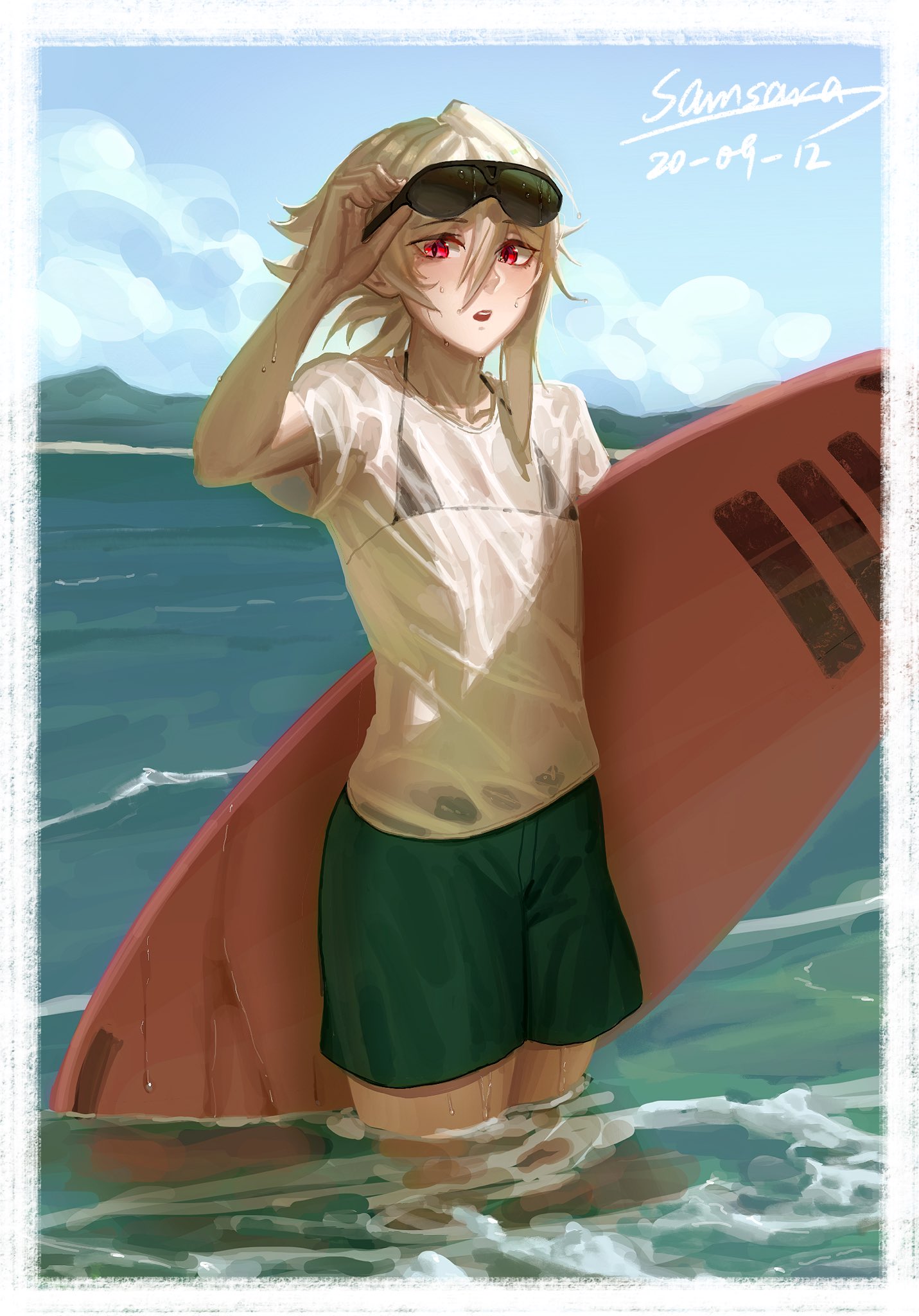 1boy, beach, bikini, corrin (fire emblem), corrin (fire emblem) (male), crossdressing, femboy, fire emblem, fire emblem fates, girly, male, male only, micro bikini, nintendo, red eyes, samsara, samsara (shuukeura), seaside, see-through, see-through clothing, shirt, silver hair, solo, solo male, surfboard, trap