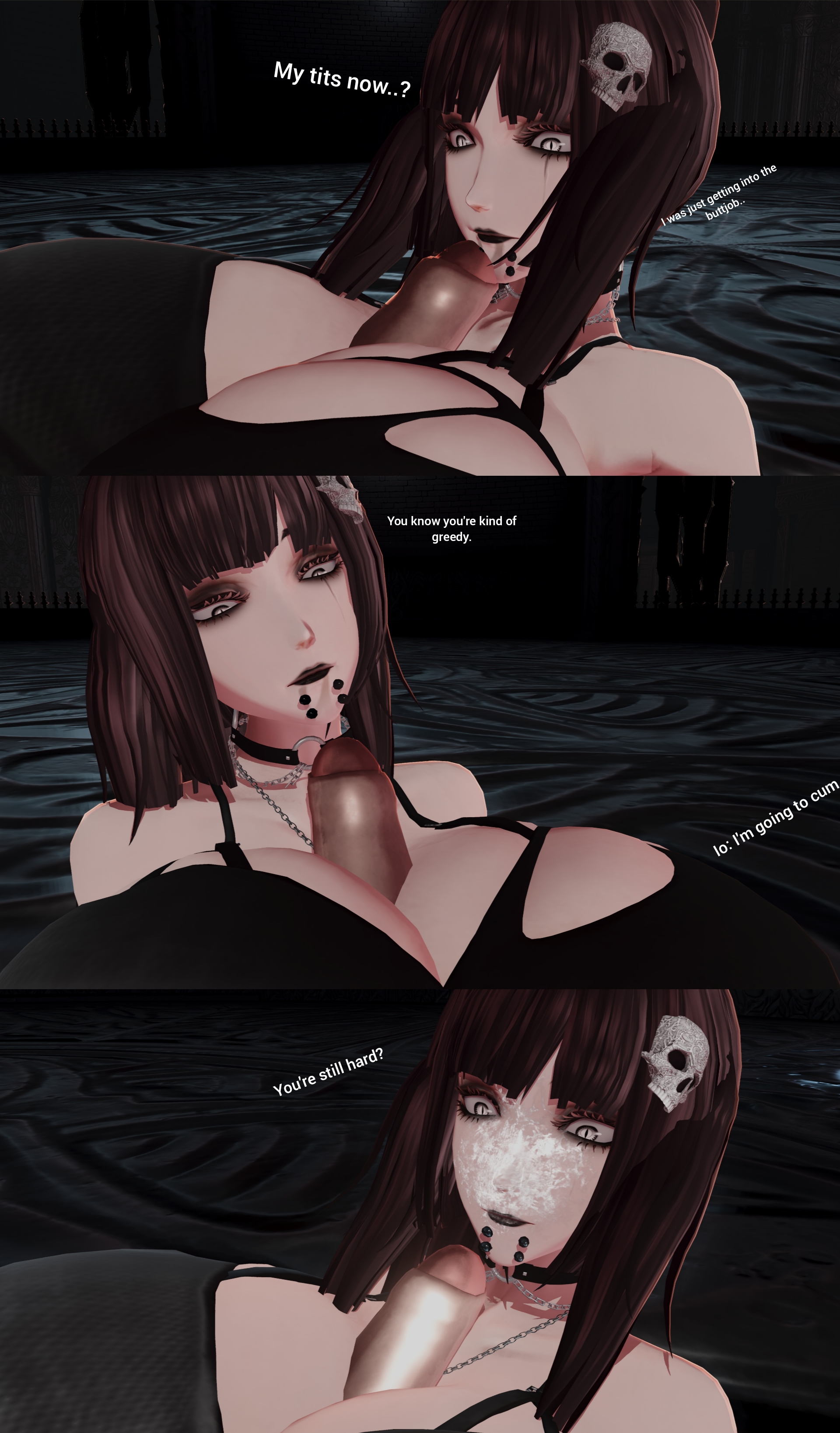 1girls, artist request, big penis, black hair, breasts, choker, cleavage, code vein, cum, cum between breasts, cum on face, dialogue, disembodied penis, ejaculation between breasts, female, goth, huge breasts, huge penis, large penis, makeup, male, original character, paizuri, pale skin, penis, piercing, revealing clothes, screencap, straight