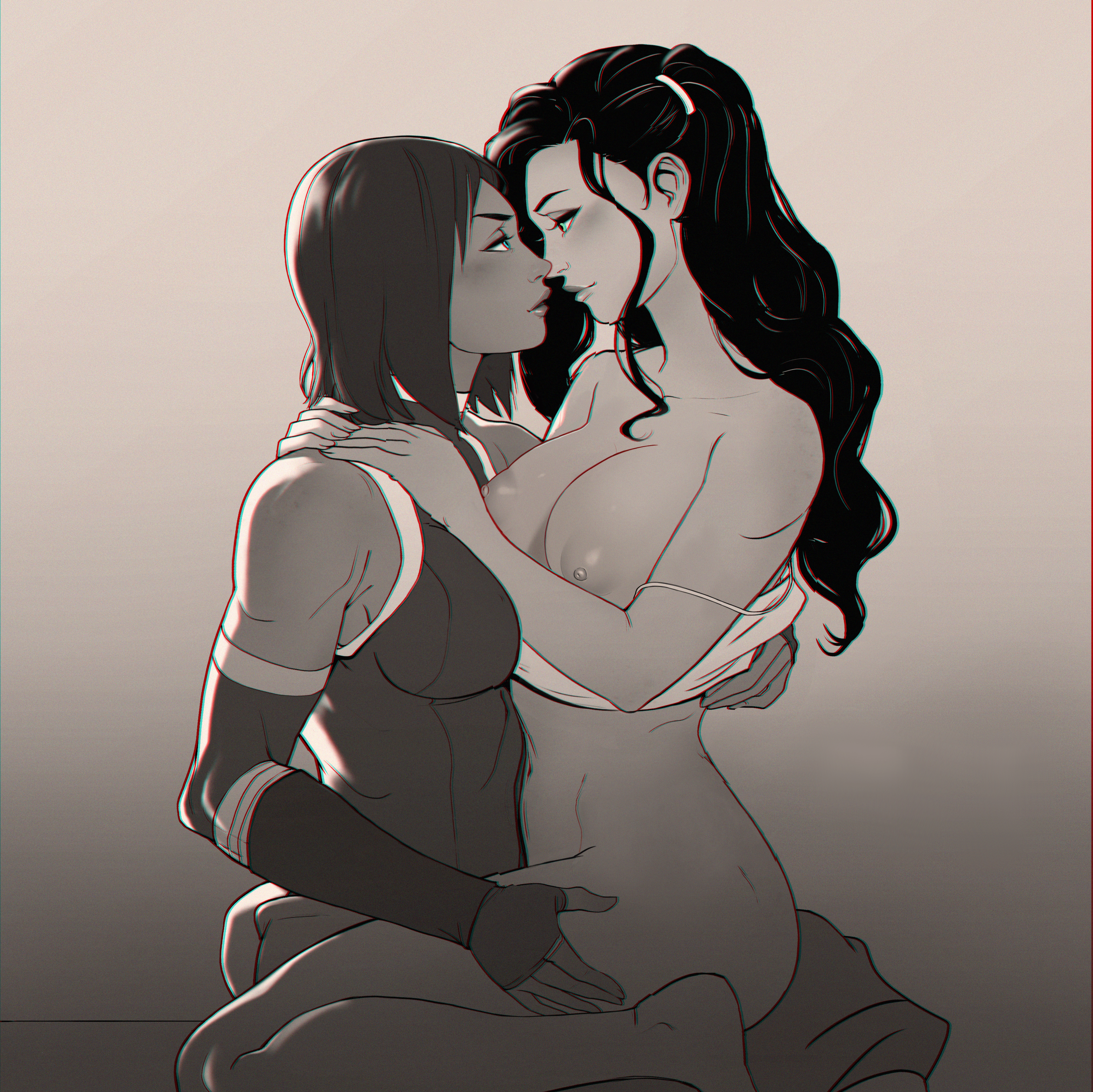 2girls, asami sato, avatar legends, bra, breasts, canon couple, clothed, clothed female, clothed female nude female, clothing, dandon fuga, female, female focus, female only, female protagonist, korra, large breasts, lesbian, monochrome, nickelodeon, nipples, nude, nude female, smooth skin, the avatar, the legend of korra, water tribe, yuri
