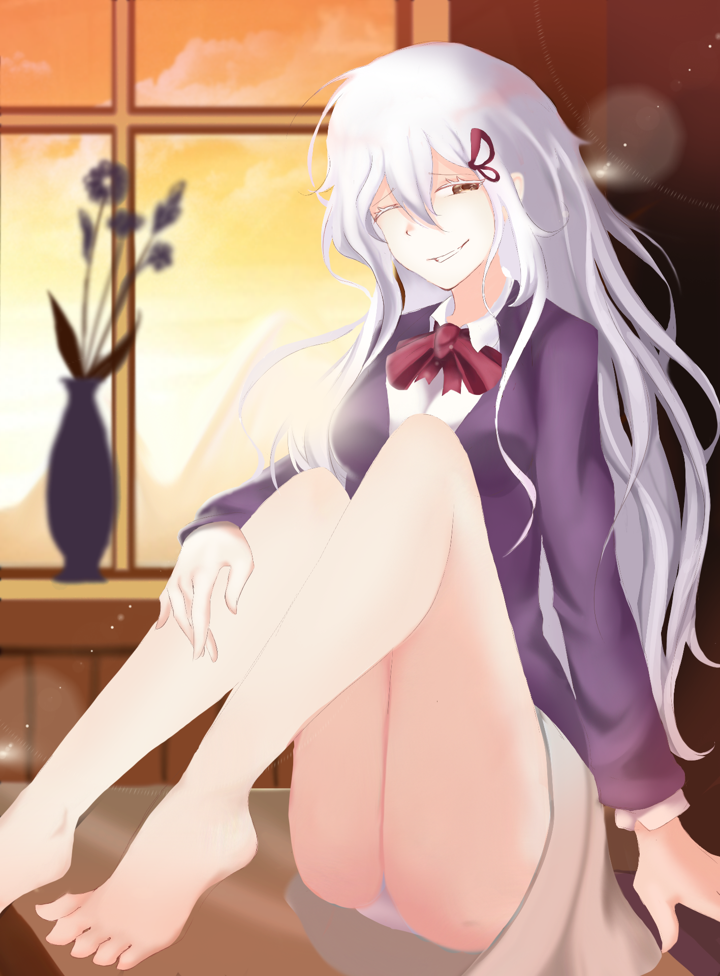 1girls, big breasts, bow, breasts, brown eyes, cherry chan, clothing, detailed background, echidna (re:zero), feet, feet together, female, long hair, looking at viewer, one eye closed, re:zero kara hajimeru isekai seikatsu, school, school desk, school uniform, schoolgirl, skirt, skirt lift, smile, thighs, toes, white eyelashes, white hair, witch, wizard