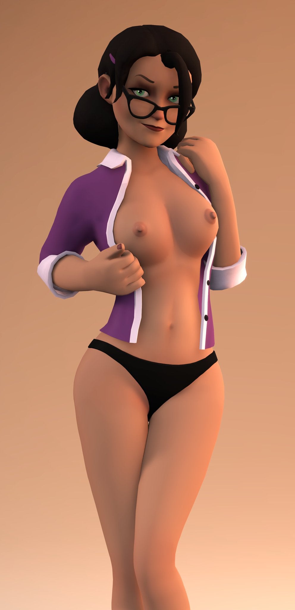 1girls, 3d, 3d (artwork), artist request, black hair, black panties, breasts, cgi, female, female only, glasses, human, human female, human only, miss pauling, nipples, no pants, open clothes, open shirt, panties, purple shirt, solo, team fortress 2, valve corporation