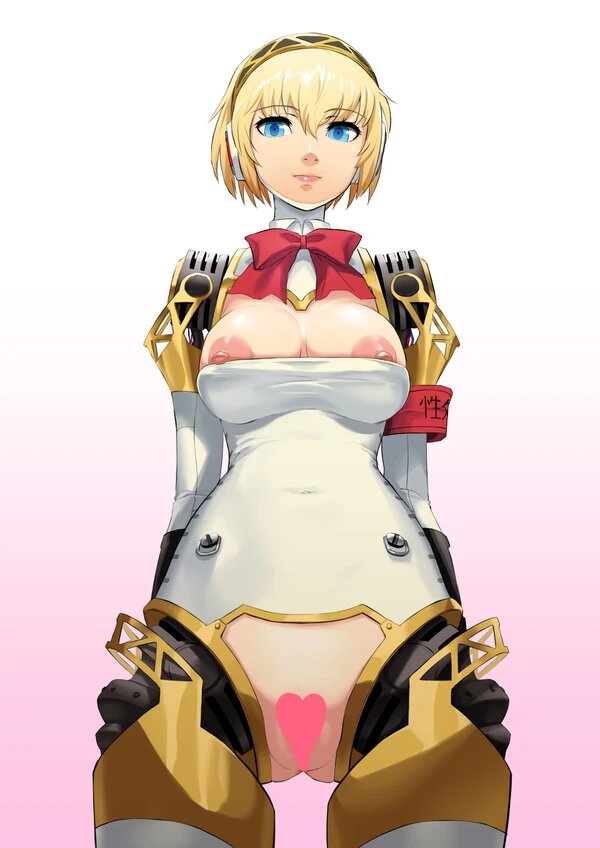 aegis_(persona) aigis_(persona) akizora android armband armwear big_breasts blonde_hair blue_eyes breasts censored_pussy crotchless female female_only gynoid heart_censor persona persona_3 pussy ribbon robot solo solo_female