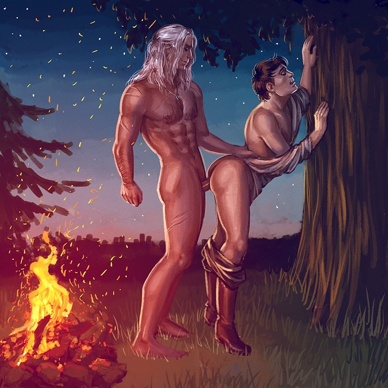 2boys abs against_tree anal anal_penetration anal_sex ass bara body_hair boots bottomwear_down brown_hair campfire cd_projekt_red chest_hair clothes_down fire forest gay geralt_of_rivia hairy hairy_arms hairy_chest hairy_male hand_on_wrist hands_on_tree human human_only in_the_woods jaskier_(the_witcher) long_boots long_hair long_hair_male male male/male male_chest male_focus male_only male_penetrated male_penetrating maxkennedy mouth_open muscle muscles muscular muscular_male necklace nude nude_male open_mouth outdoor_nudity outdoor_sex outdoors pants_down pecs pectorals penis pleasure_face scar scar_on_leg scars shirt_lift shirt_up six_pack standing standing_sex testicles the_witcher_(netflix) the_witcher_(series) topwear_lift white_hair woods yaoi