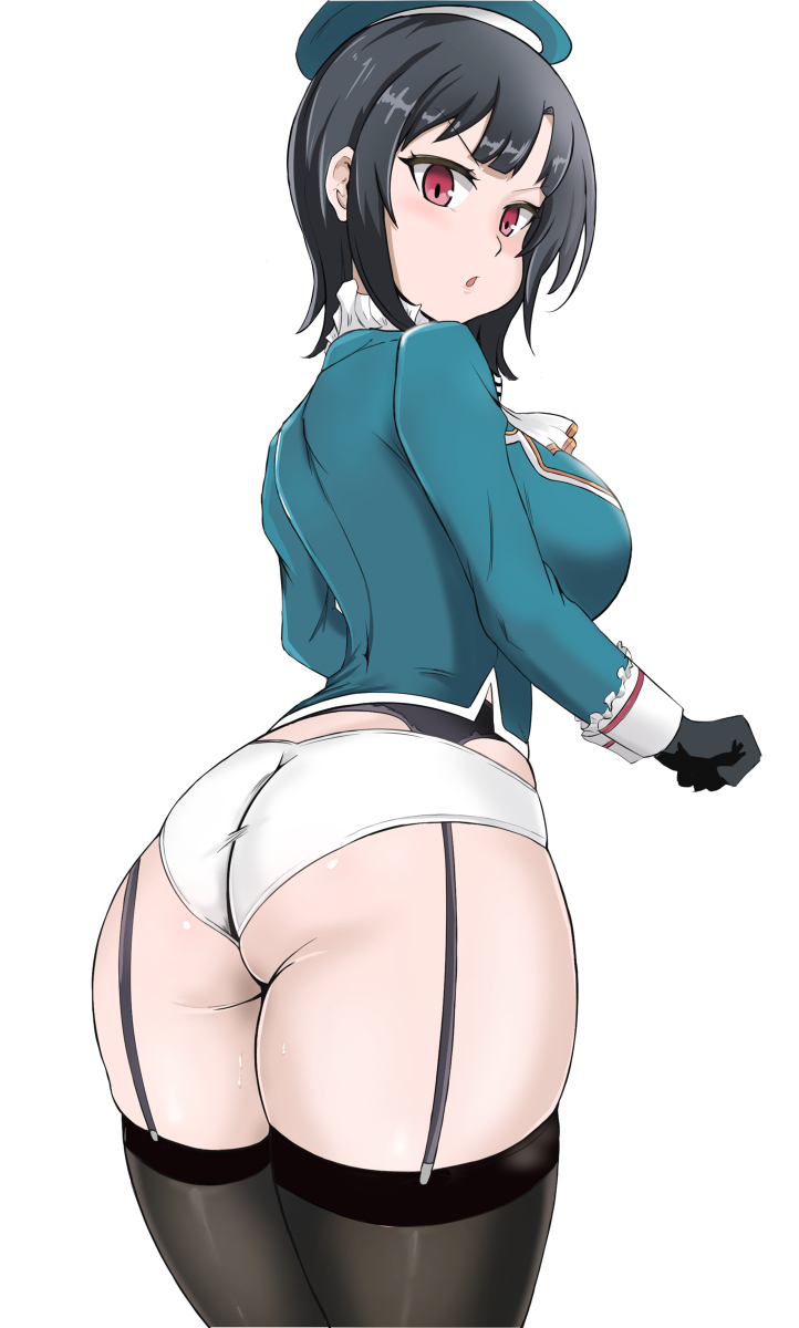 ass black_hair clothed kantai_collection kimwangjyang looking_at_viewer looking_back panties red_eyes short_hair takao_(kantai_collection) thighhighs