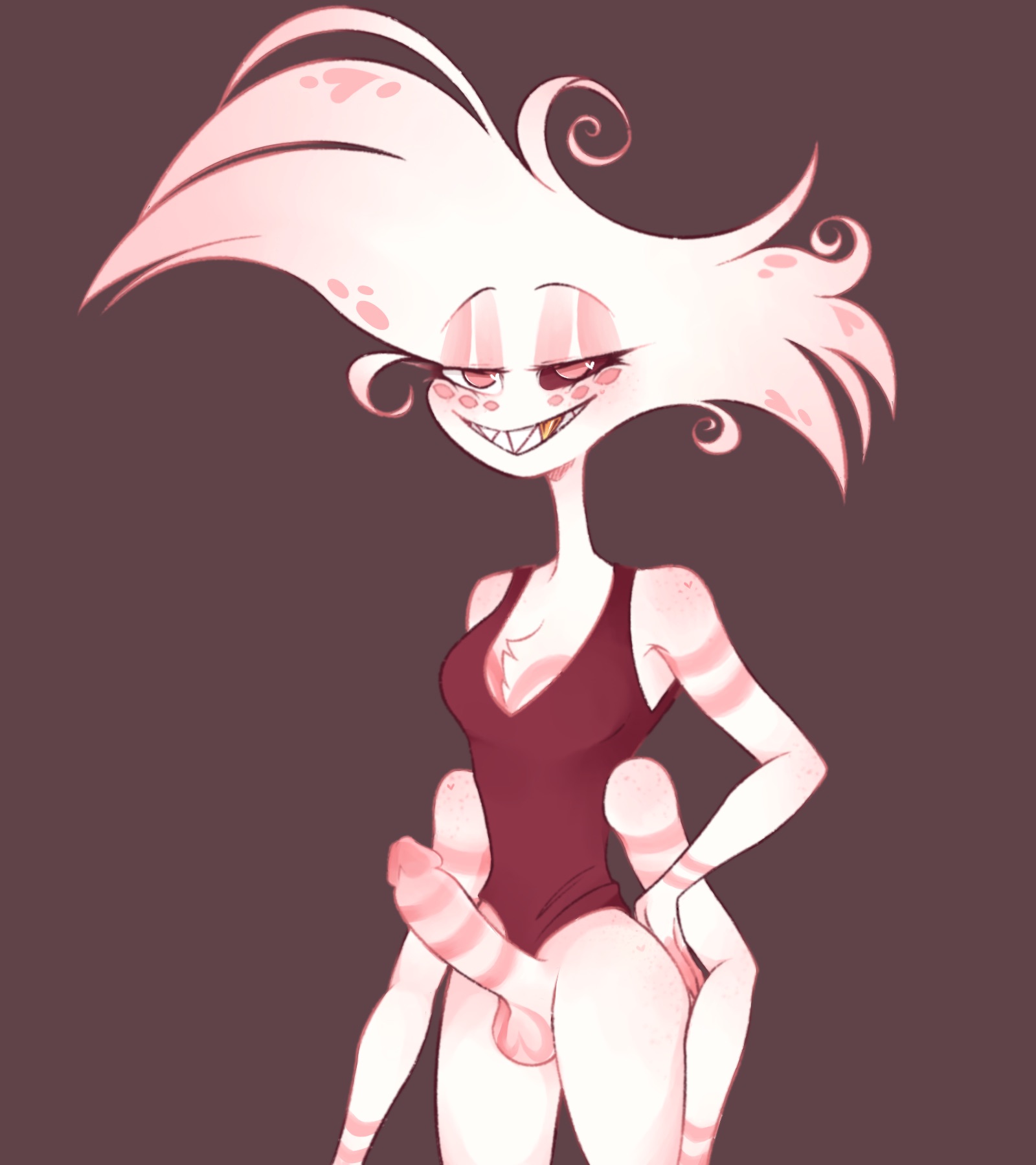 1boy, angel dust (hazbin hotel), bathing suit, bottomless, femboy, gold tooth, grin, hazbin hotel, male, male only, penis, pink, pink eyes, red sclera, sharp teeth, spider humanoid, spindlehorse toons, tagme, vivienne medrano, vivziepop