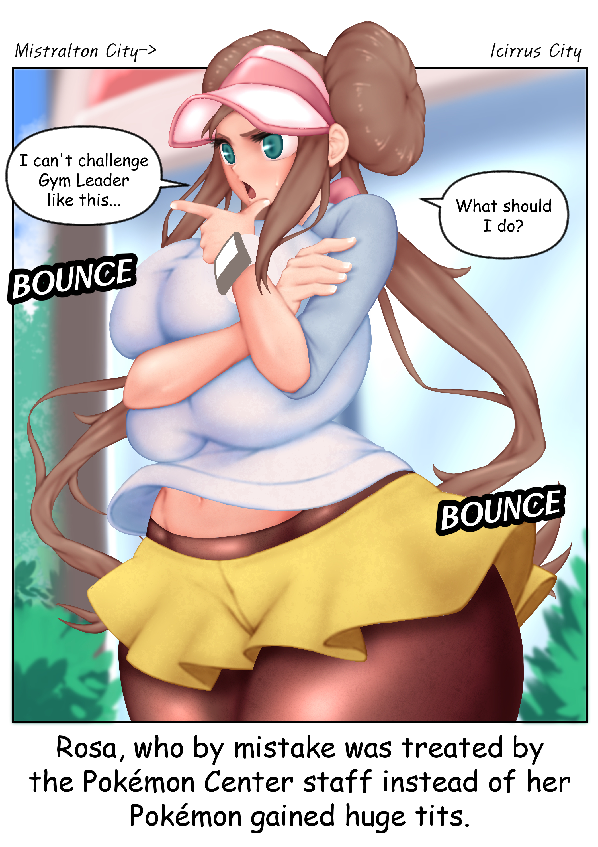 1girls, big breasts, blue eyes, blush, breasts, brown hair, double bun, female, hat, huge breasts, huge thighs, large breasts, leggings, light skin, light-skinned female, nintendo, pale skin, pale-skinned female, pokemon, pokemon bw2, rosa (pokemon), speech bubble, text, thick thighs, twintails, wide hips, woohyoot