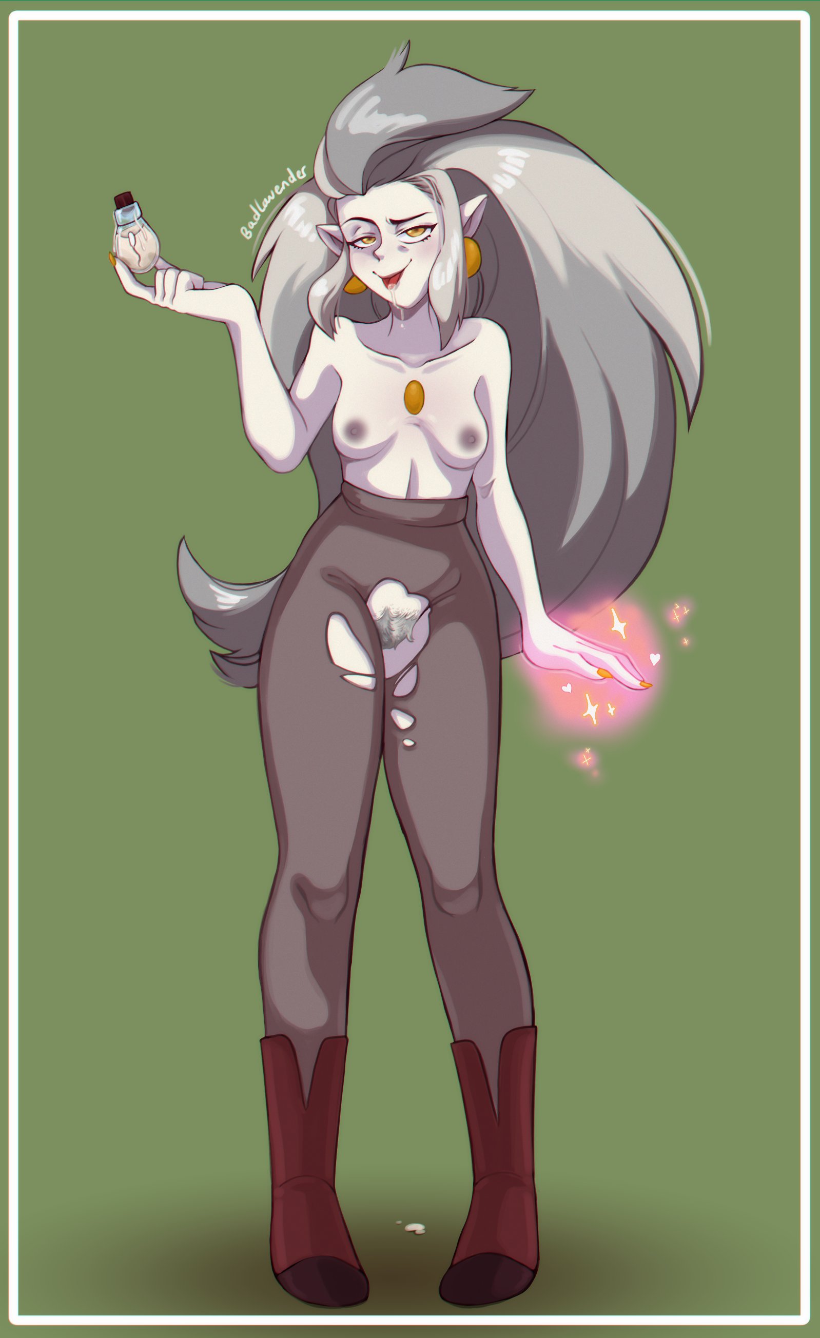 badlavender, boots, breasts, disney, disney channel, dripping, drooling, eda clawthorne, elf ears, exposed breasts, exposed pussy, female, female only, fluffy hair, functionally nude, grey hair, legwear, looking at viewer, magic, mature female, naked footwear, nipples, pointy ears, potion, pussy, straight hair, tagme, the owl house, tongue, tongue out, torn clothes, torn legwear, torn pantyhose, yellow eyes