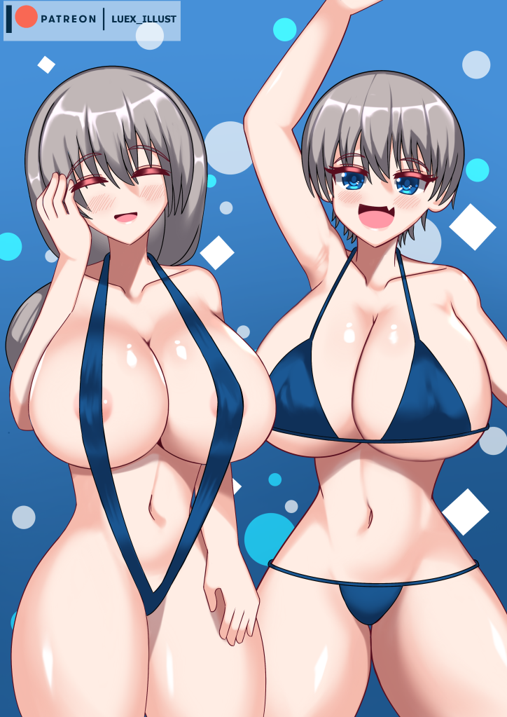 2girls big_breasts bikini blue_eyes daughter huge_breasts large_breasts long_hair luex milf mother mother_and_daughter pale-skinned_female pale_skin short_hair sling_bikini thong uzaki-chan_wa_asobitai! uzaki_hana uzaki_tsuki