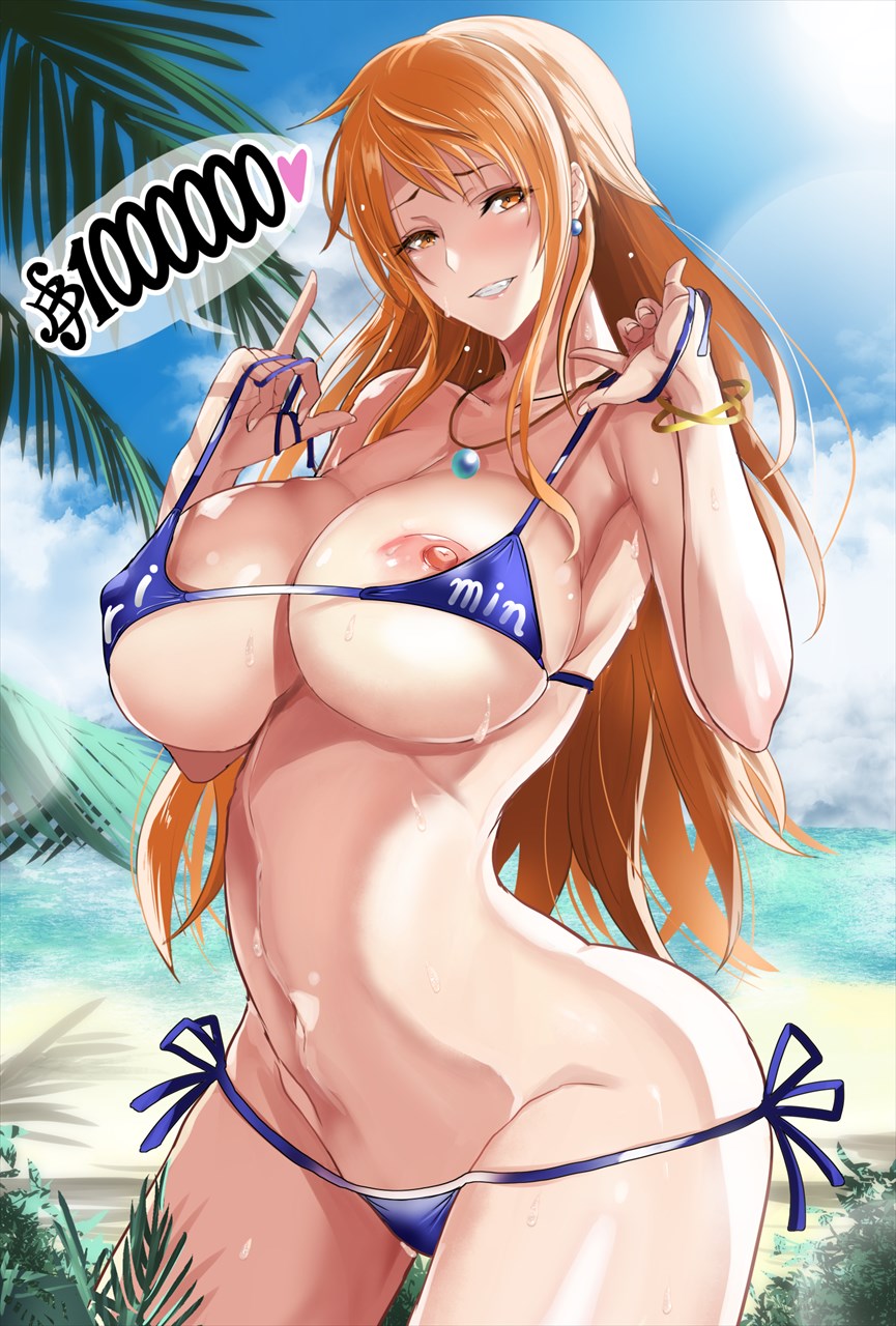 1girls, big breasts, breasts, female, female focus, female human, female only, hourglass figure, human, kawa batayoshi, large breasts, light skin, light-skinned female, long hair, nami (one piece), nipples, one piece, orange hair, post-timeskip, slim waist, solo, solo female, solo focus, straight hair, thick thighs, variant set, wide hips