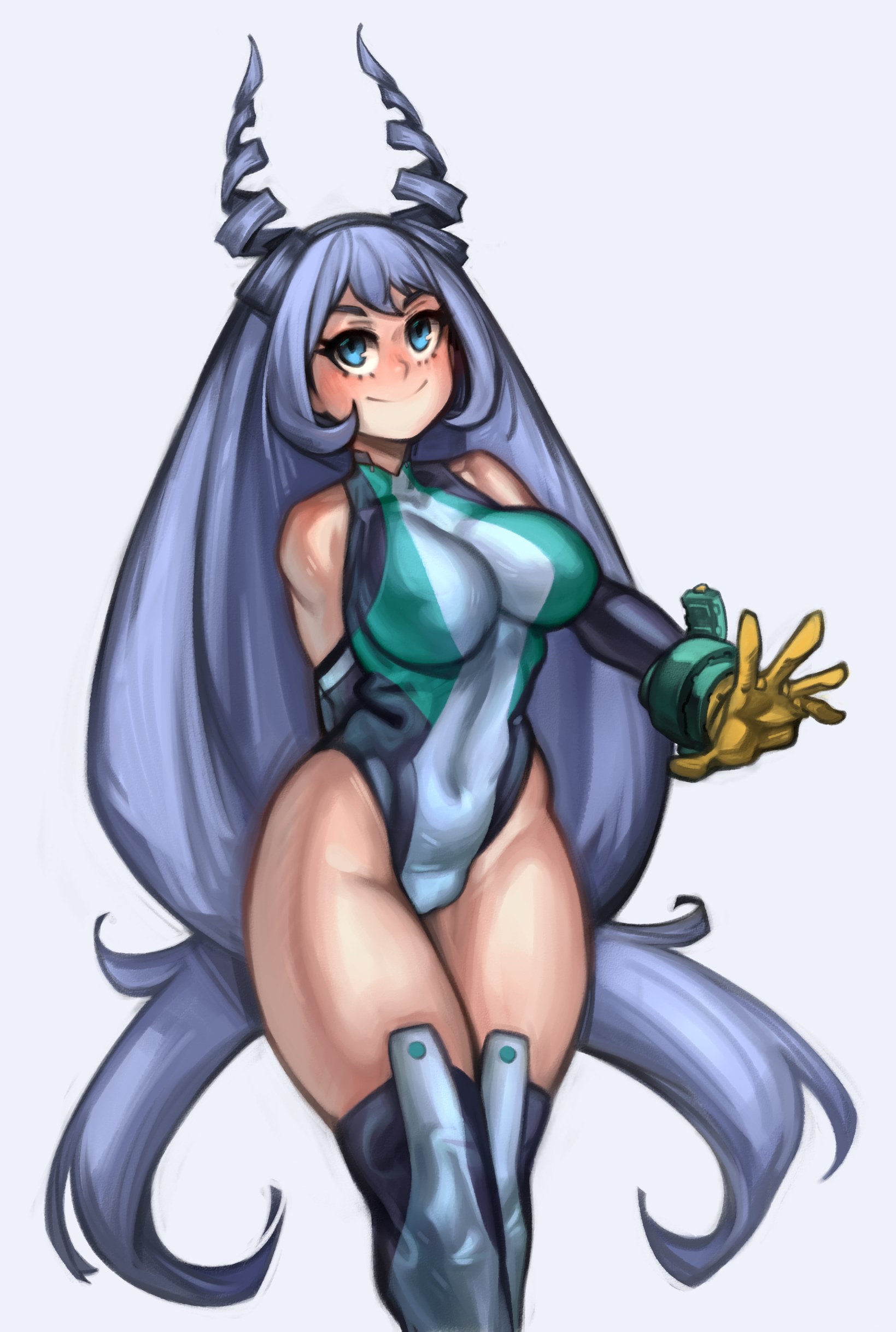 1girls, big breasts, blue eyes, blue hair, blue-haired female, blush, breasts, female, female human, gloves, hadou nejire, hadou nejire (hero outfit), hero outfit (mha), horns, human, kelvin hiu, leotard, light skin, light-skinned female, long hair, my hero academia, nejire hado, nejire hado (hero outfit), pale skin, pale-skinned female, simple background, smile, superhero costume, superheroine, thick thighs, thighs, very long hair