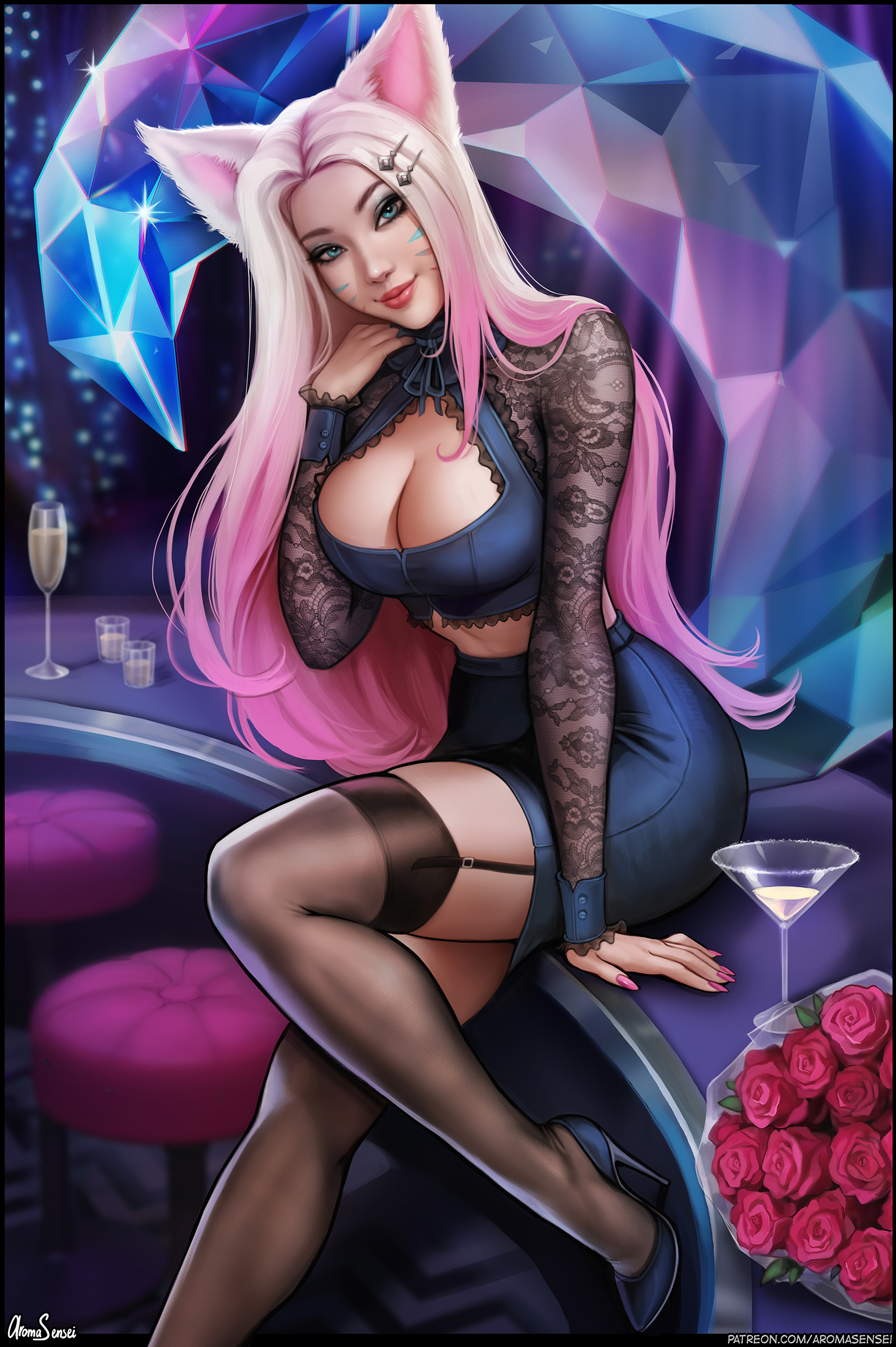 1girls, ahri, alternate costume, aroma sensei, big breasts, blonde hair, breasts, cleavage, female, female only, garter belt, high heels, k/da ahri, k/da series, large breasts, league of legends, long hair, looking at viewer, pink hair, skirt, solo, the baddest ahri, thighhighs