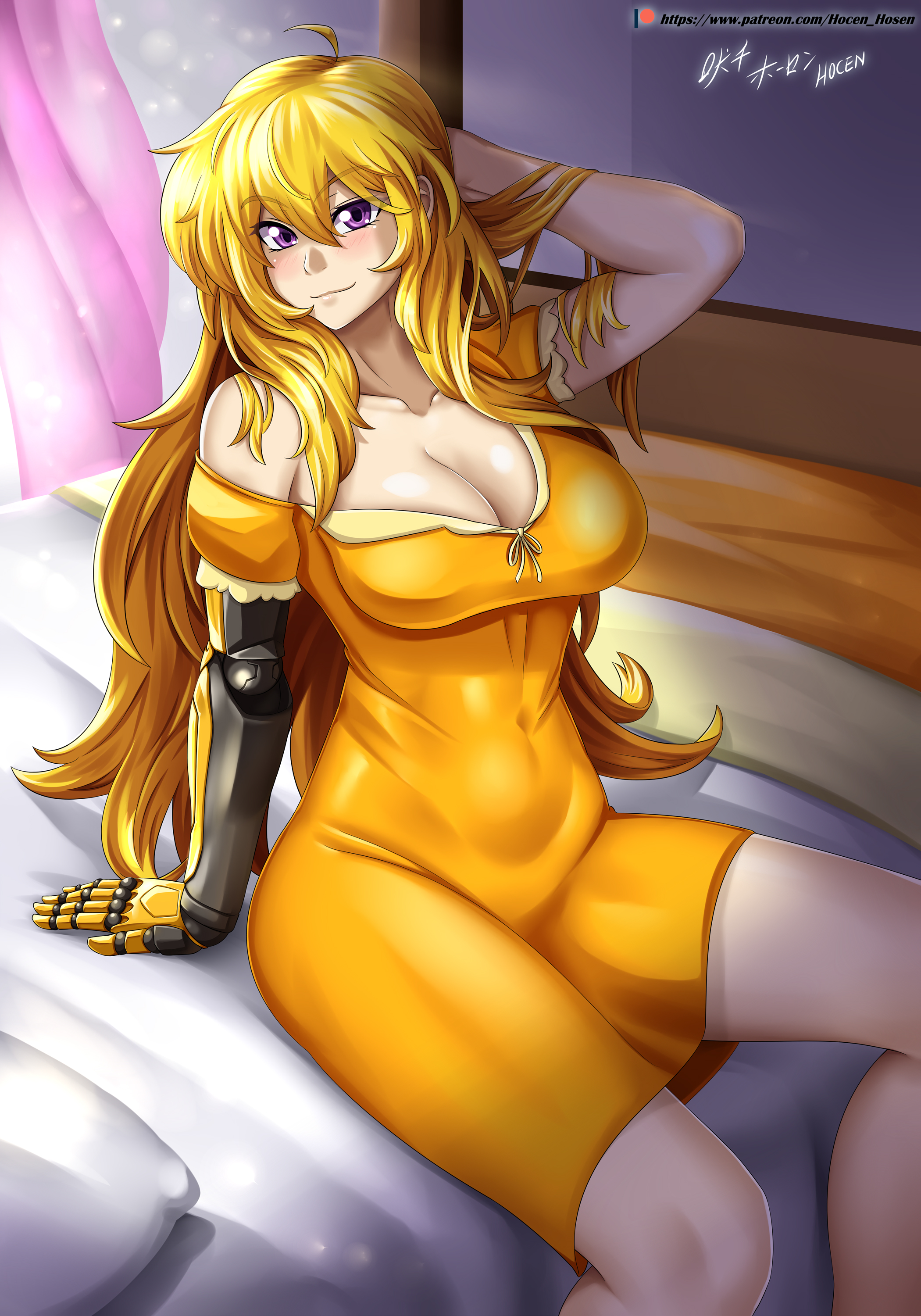 1girls, breasts, clothed female, female, female only, hocen, large breasts, long hair, pajamas, prosthetic, prosthetic arm, robotic arm, rwby, seductive, smile, solo, yang xiao long