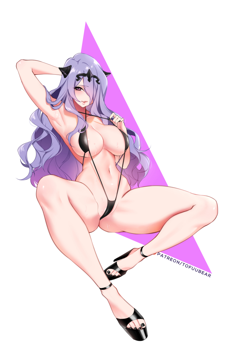 1girls, big breasts, bikini, blush, breasts, camilla (fire emblem), female, female only, fire emblem, fire emblem fates, high heels, large breasts, looking at viewer, sling bikini, solo, spread legs, thick thighs, tofuubear