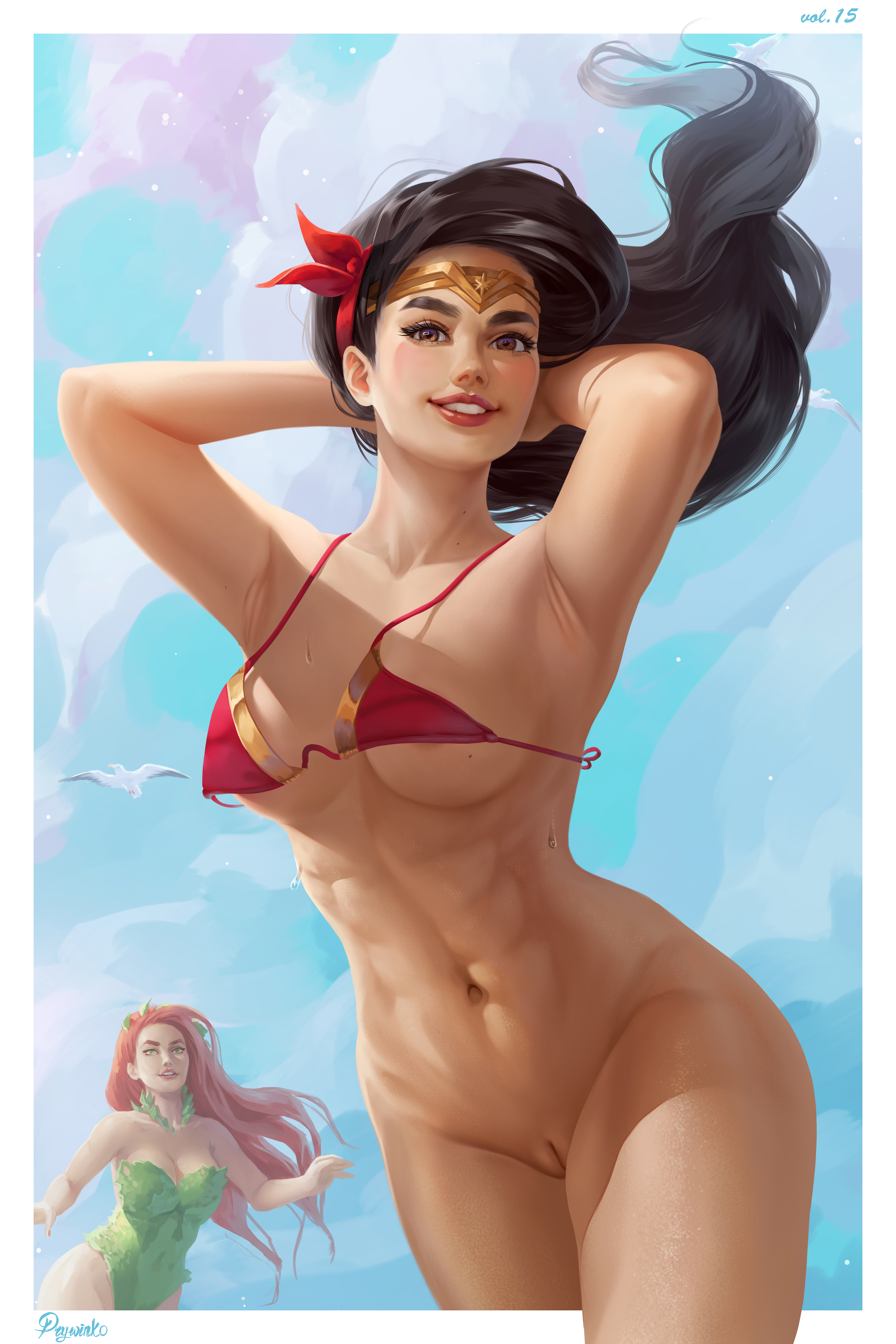 batman (series), black hair, bottomless, casual nudity, dc, dc comics, diana prince, female, multiple females, multiple girls, pamela isley, poison ivy, prywinko, pussy, red hair, shaved pussy, solo, vagina, wonder woman, wonder woman (series)