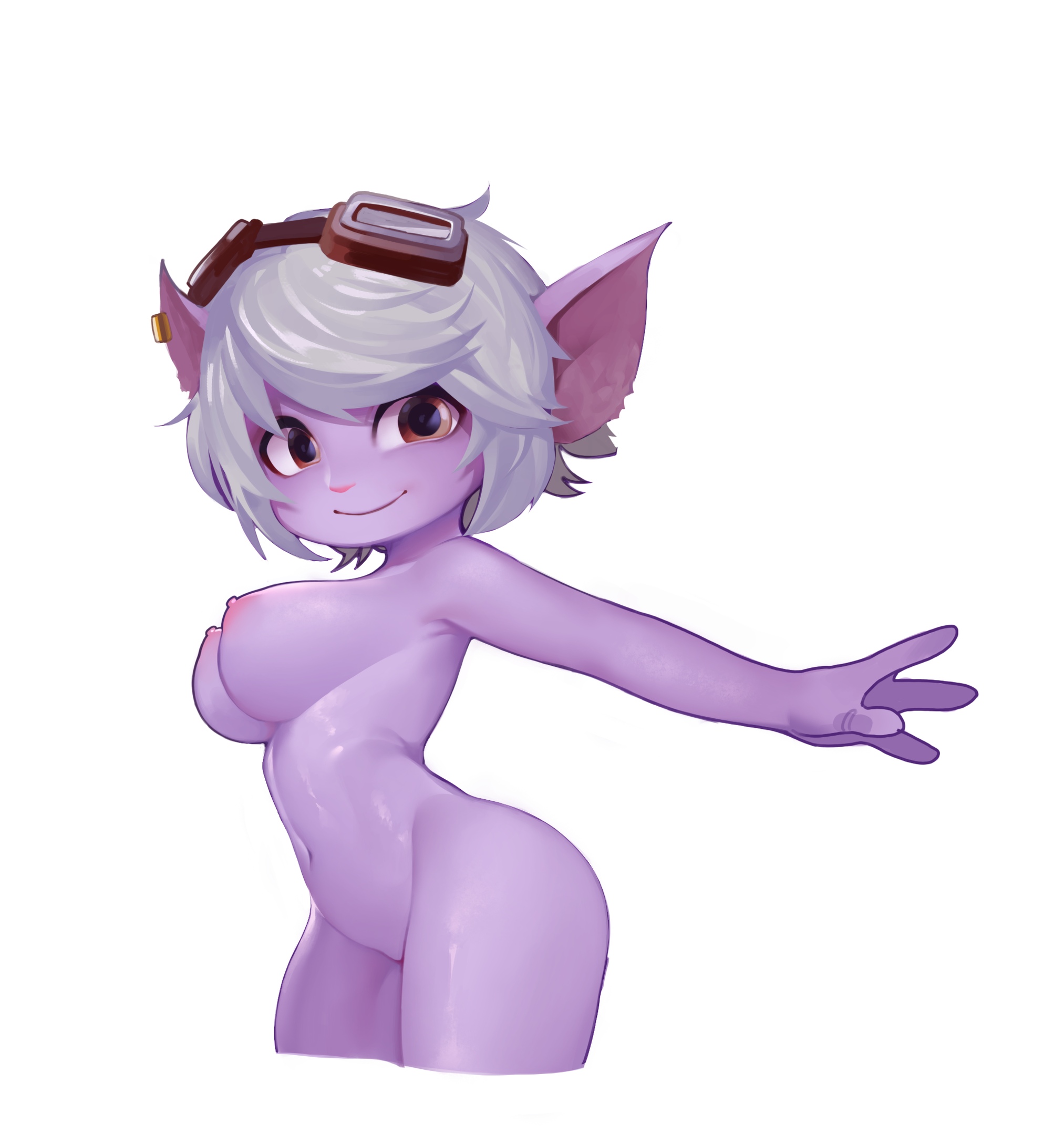 1girls, ass, big breasts, big ears, breasts, female, female focus, female only, league of legends, looking at viewer, naked, navel, nipples, nude, purple skin, riot games, sangobob (artist), shortstack, smile, solo, solo female, solo focus, tristana, white hair, yellow eyes, yordle