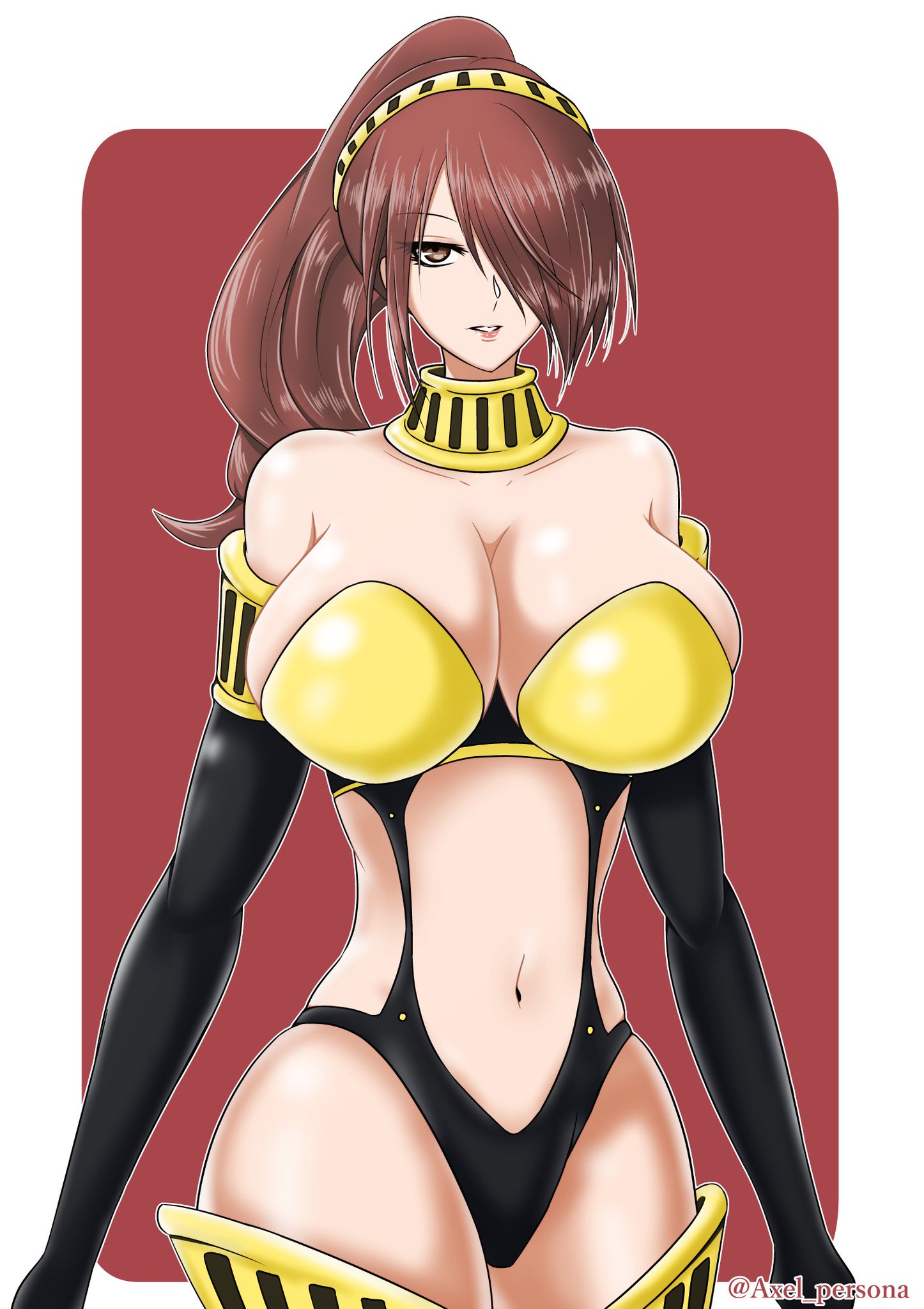 armor, axel persona, battle panties, big breasts, breasts, cleavage, clothed, female, female only, high-cut armor (persona), huge breasts, latex, looking at viewer, mitsuru kirijo, mitsuru kirijo (sexy armor), official alternate costume, panties, persona, persona 3, red eyes, red hair, revealing armor, revealing clothes, seductive, seductive look, skimpy, skimpy armor, skimpy clothes, tagme, thigh boots, thighhighs, unconvincing armor