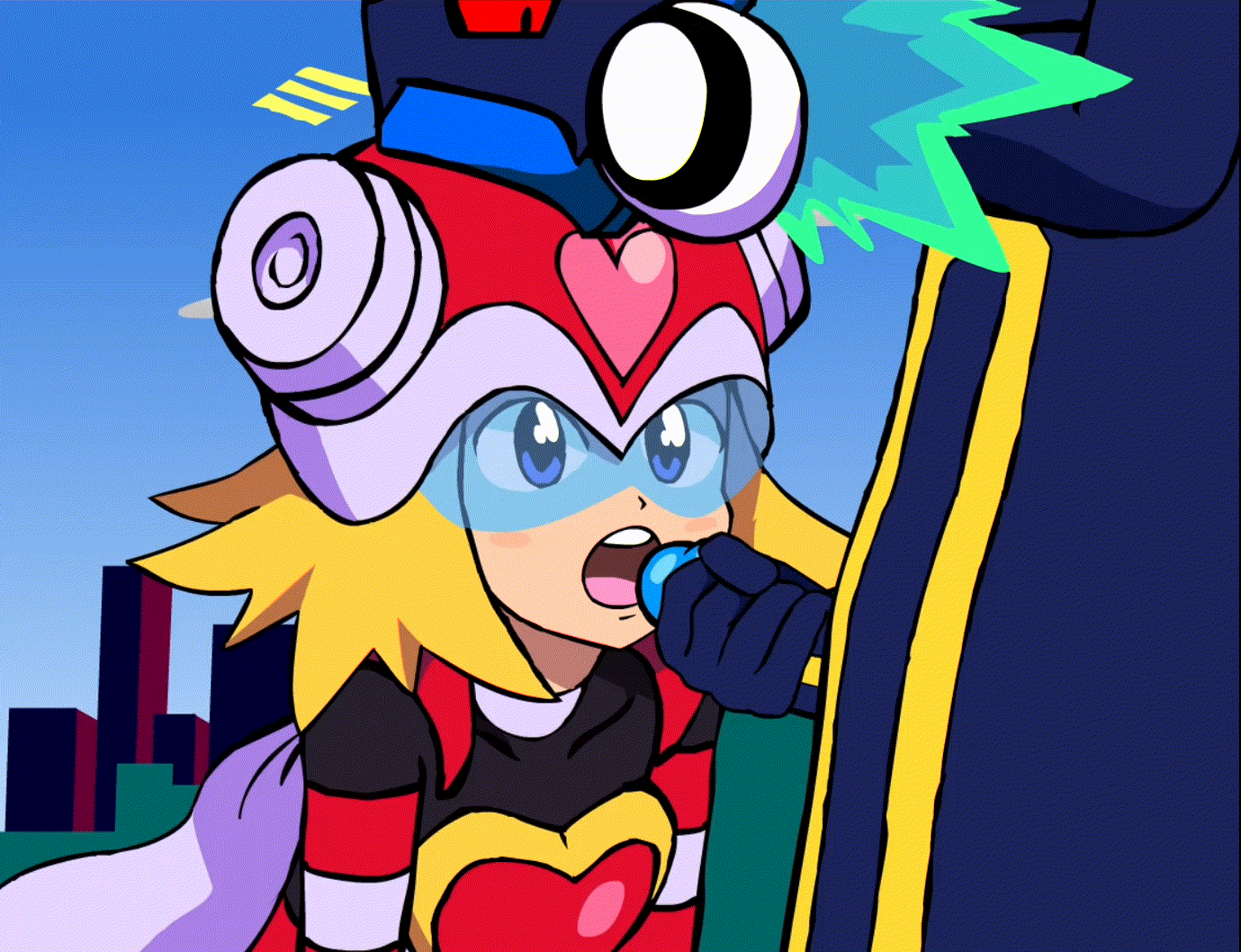1boy, 1girls, animated, blonde hair, blue eyes, blue-tinted eyewear, blush, building, capcom, cape, city, closed eyes, clothed, cum, cum in mouth, ejaculation, fellatio, female, geo stelar, hair, hand on head, harp note, helmet, hibiki misora, male, masturbation, mega man, mega man star force, open mouth, oral, oral sex, outdoors, penis, short blonde hair, sonia strumm, straight, stroking, stroking penis, teeth, tinted eyewear, tongue, video games, visor, w.t.dinner