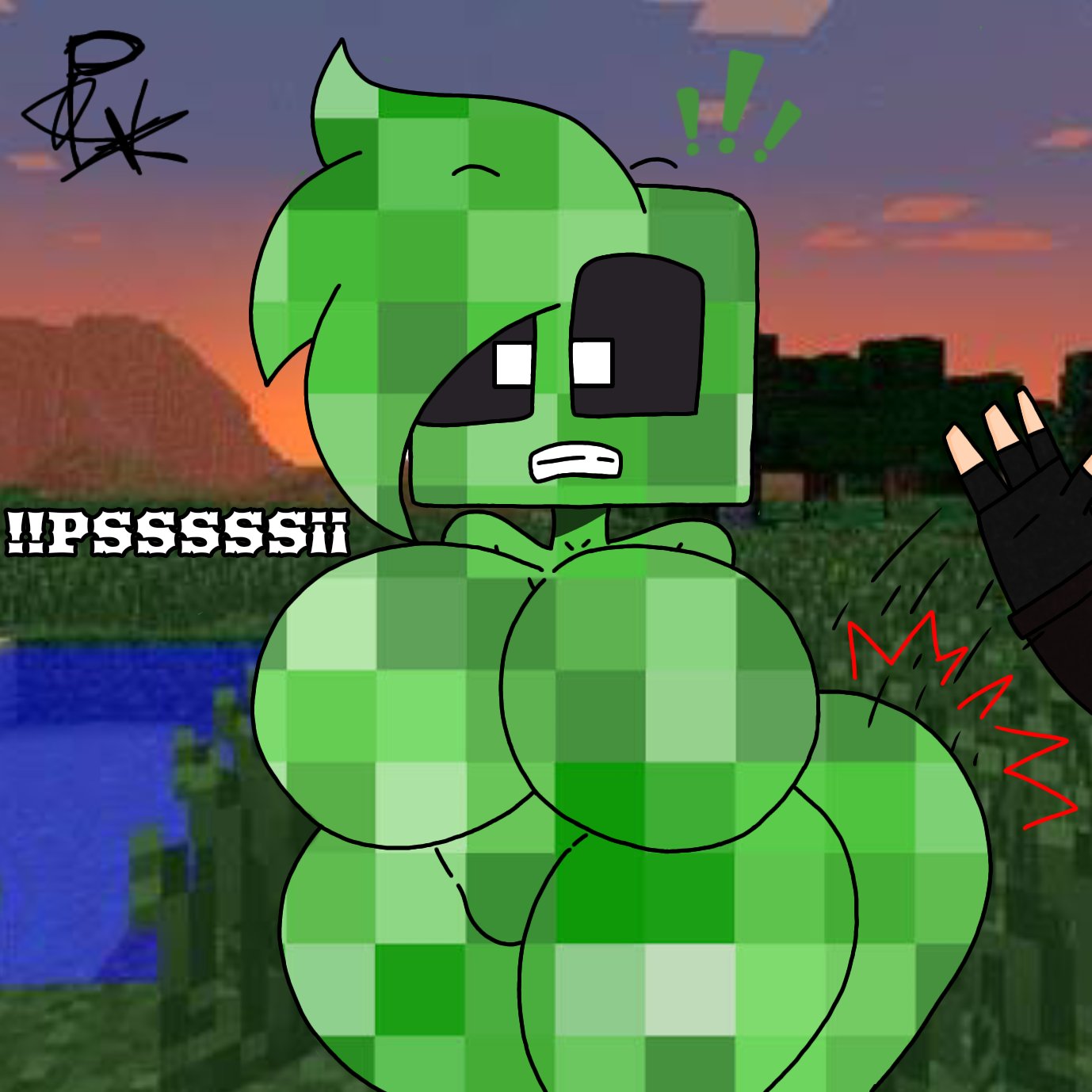 big_ass big_butt creeper creeper_(minecraft) creeper_girl green_body green_skin minecraft offscreen_character spanking surprised xxpxx